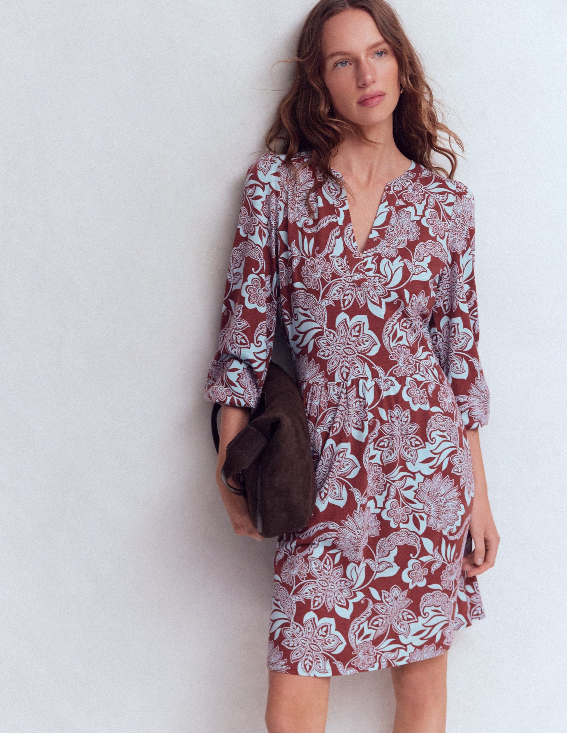 Cathy Notch Neck Jersey Dress-Roasted Brown, Elegant Blossom-1