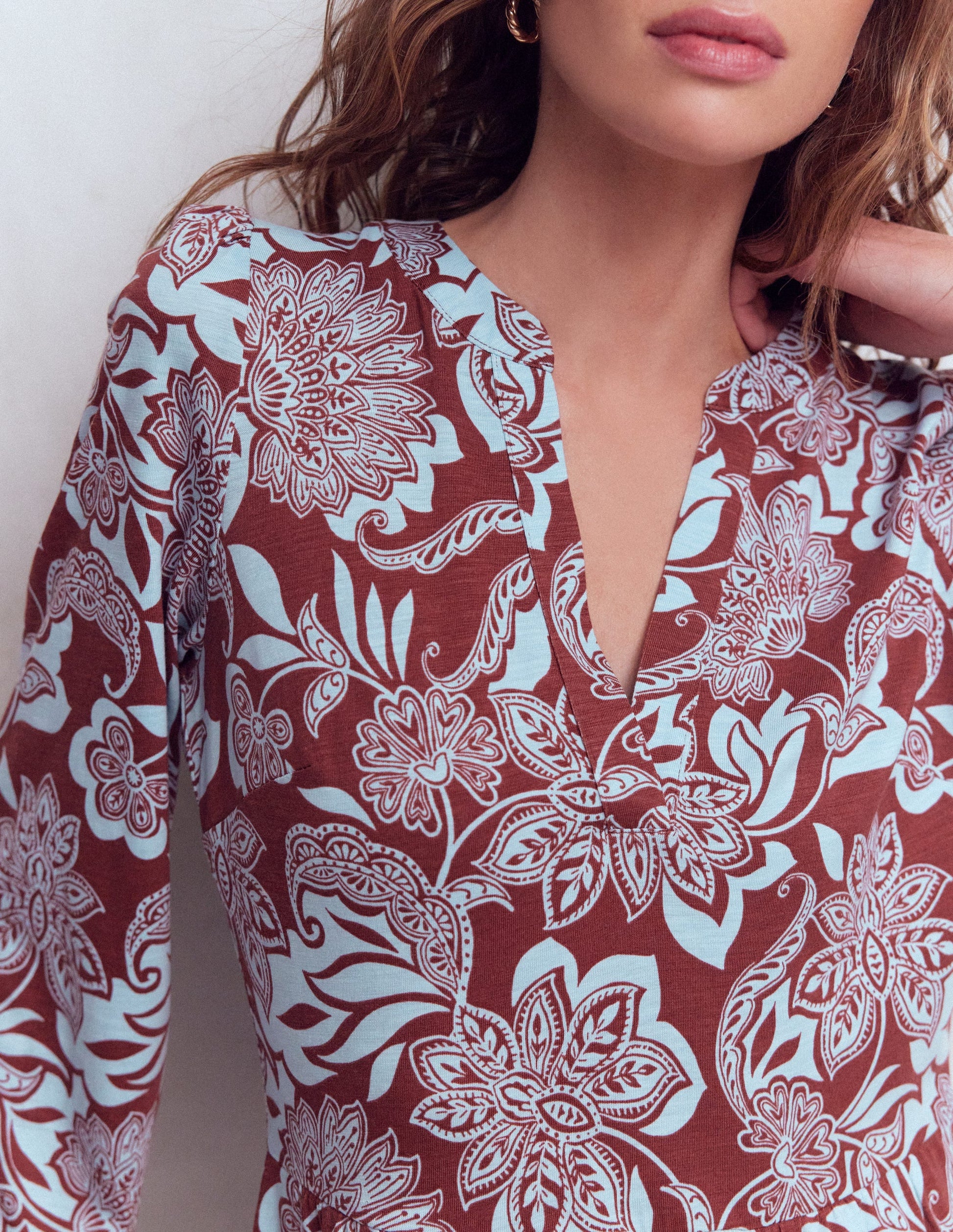 Cathy Notch Neck Jersey Dress-Roasted Brown, Elegant Blossom-2