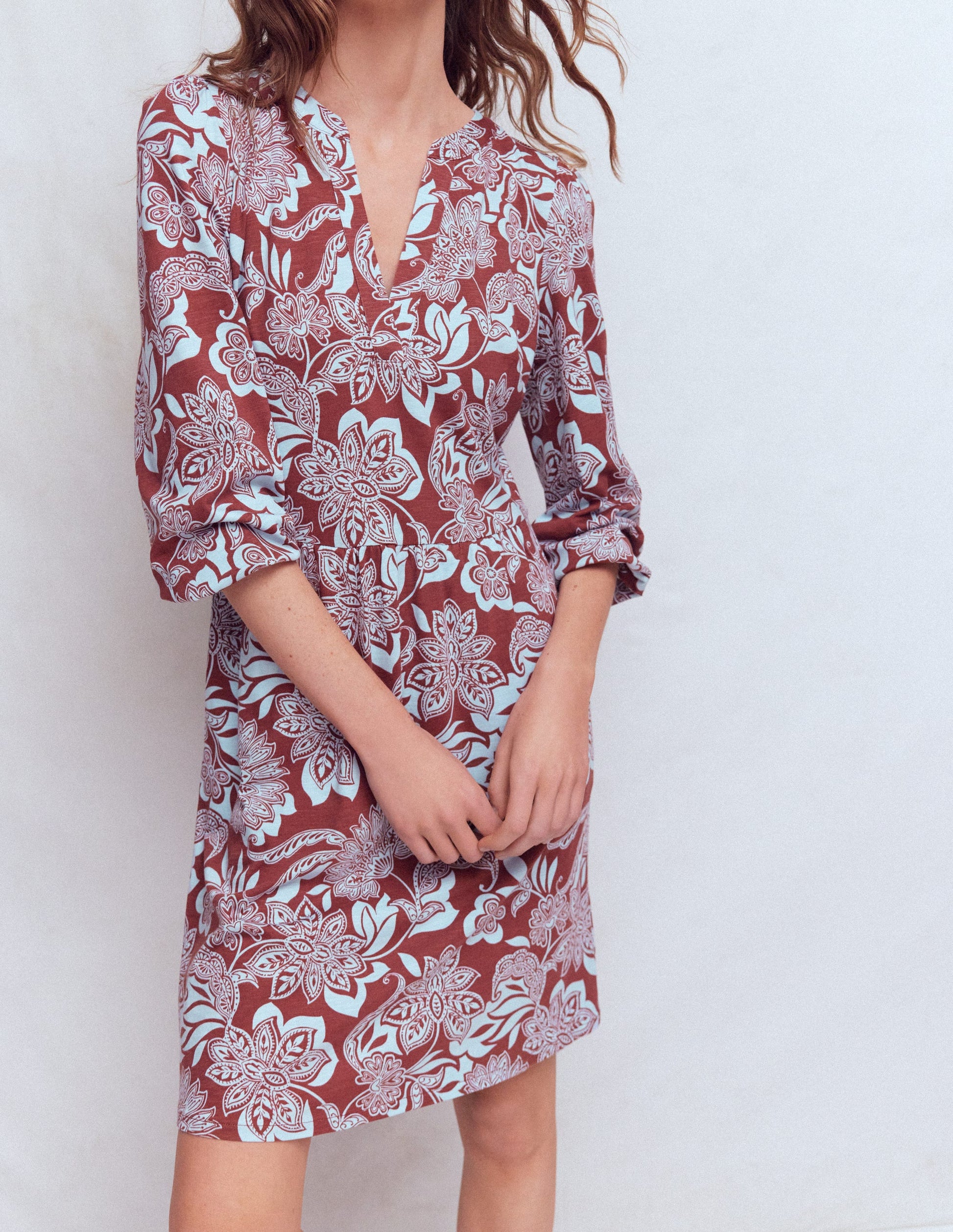 Cathy Notch Neck Jersey Dress-Roasted Brown, Elegant Blossom-5