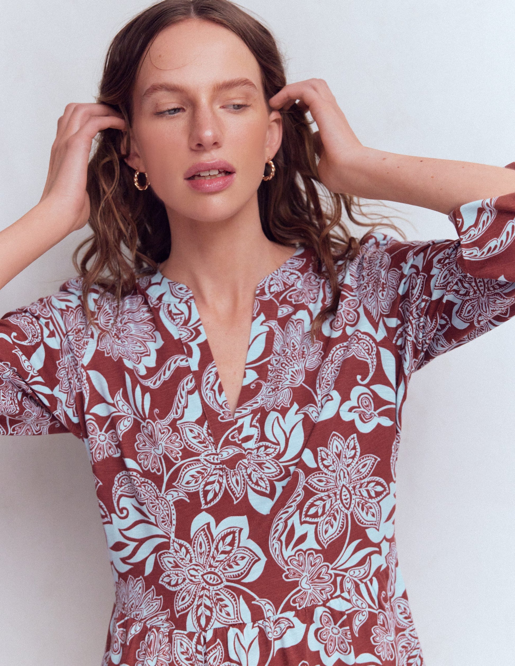 Cathy Notch Neck Jersey Dress-Roasted Brown, Elegant Blossom-6