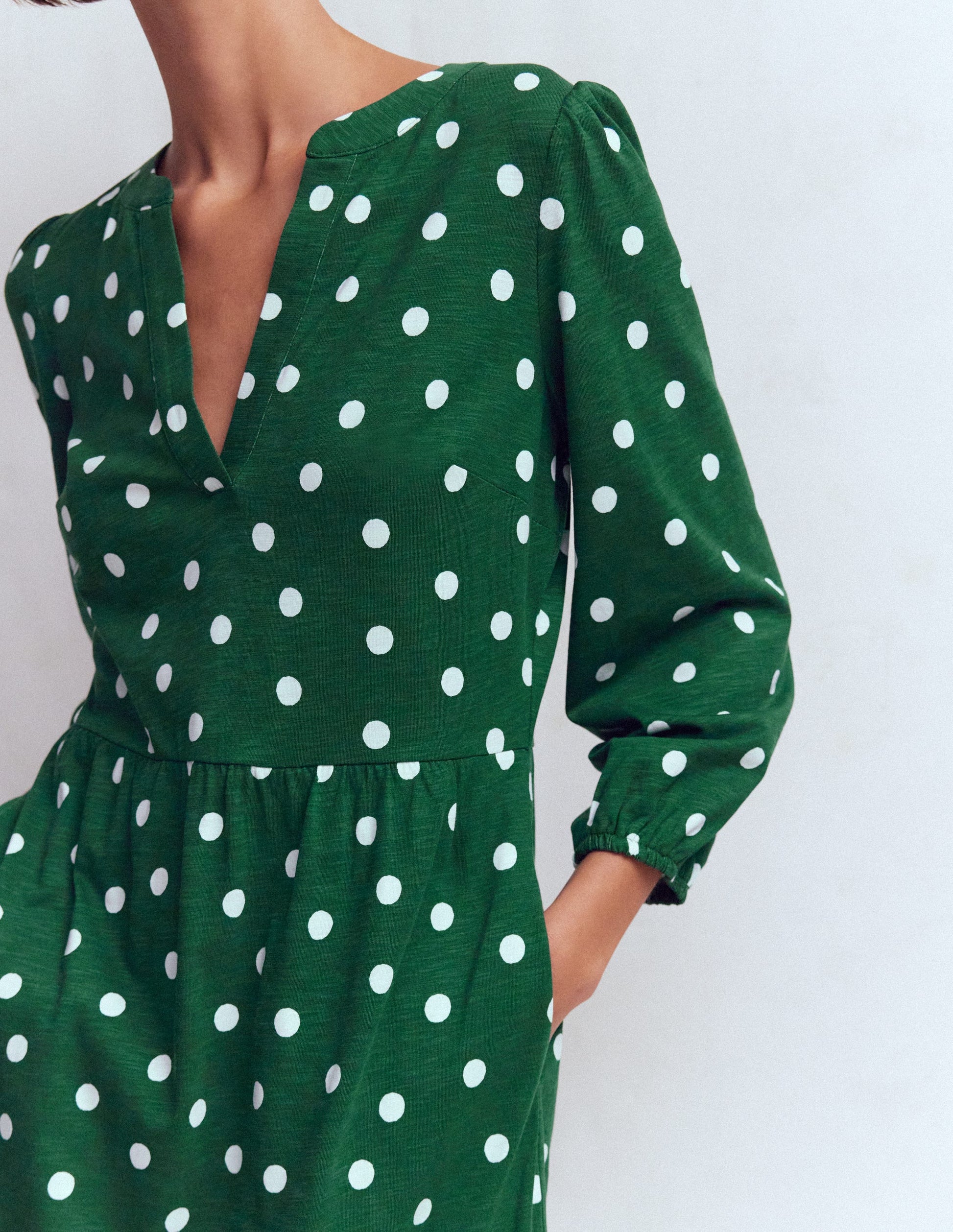 Cathy Notch Neck Jersey Dress-Hunter Green, Painted Dot-2