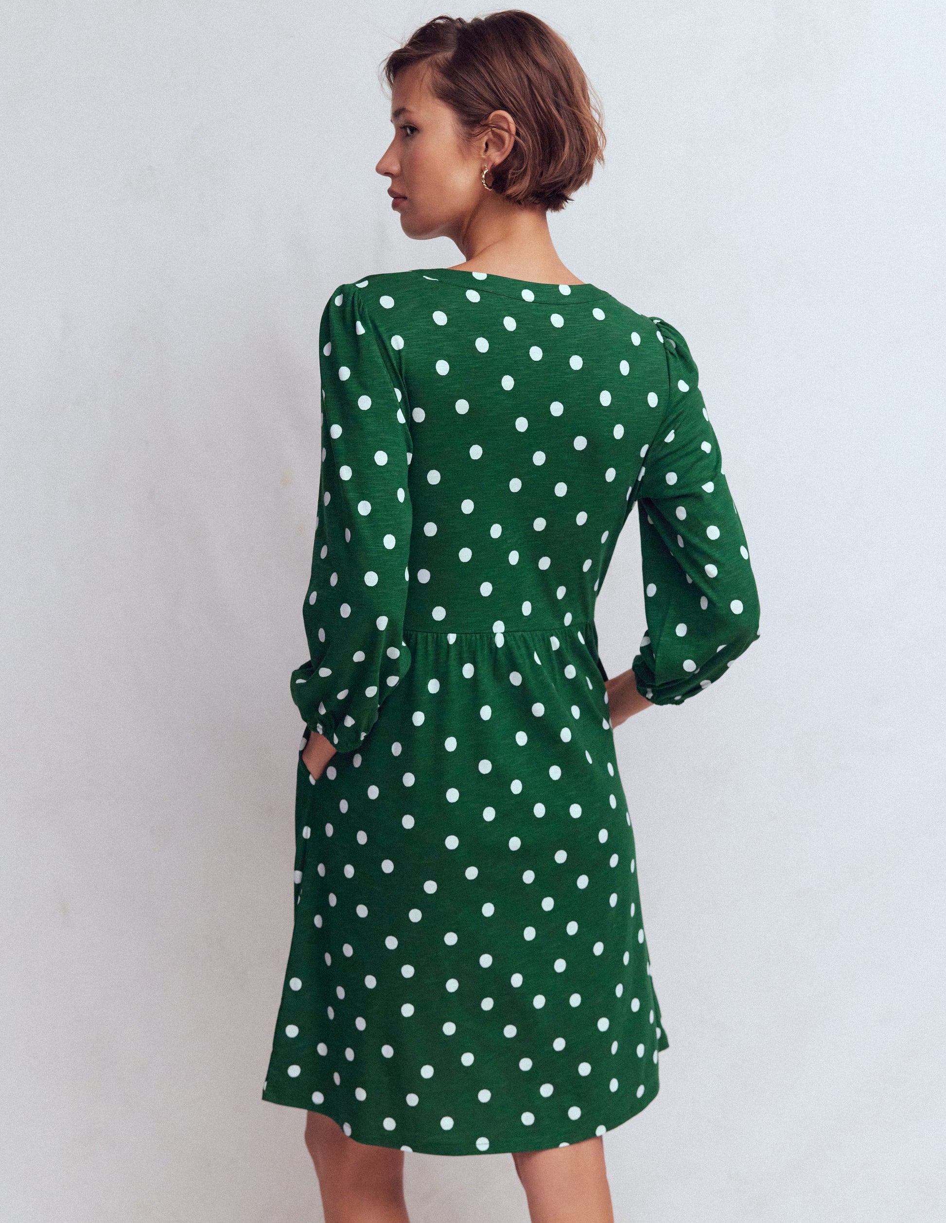 Cathy Notch Neck Jersey Dress-Hunter Green, Painted Dot-3
