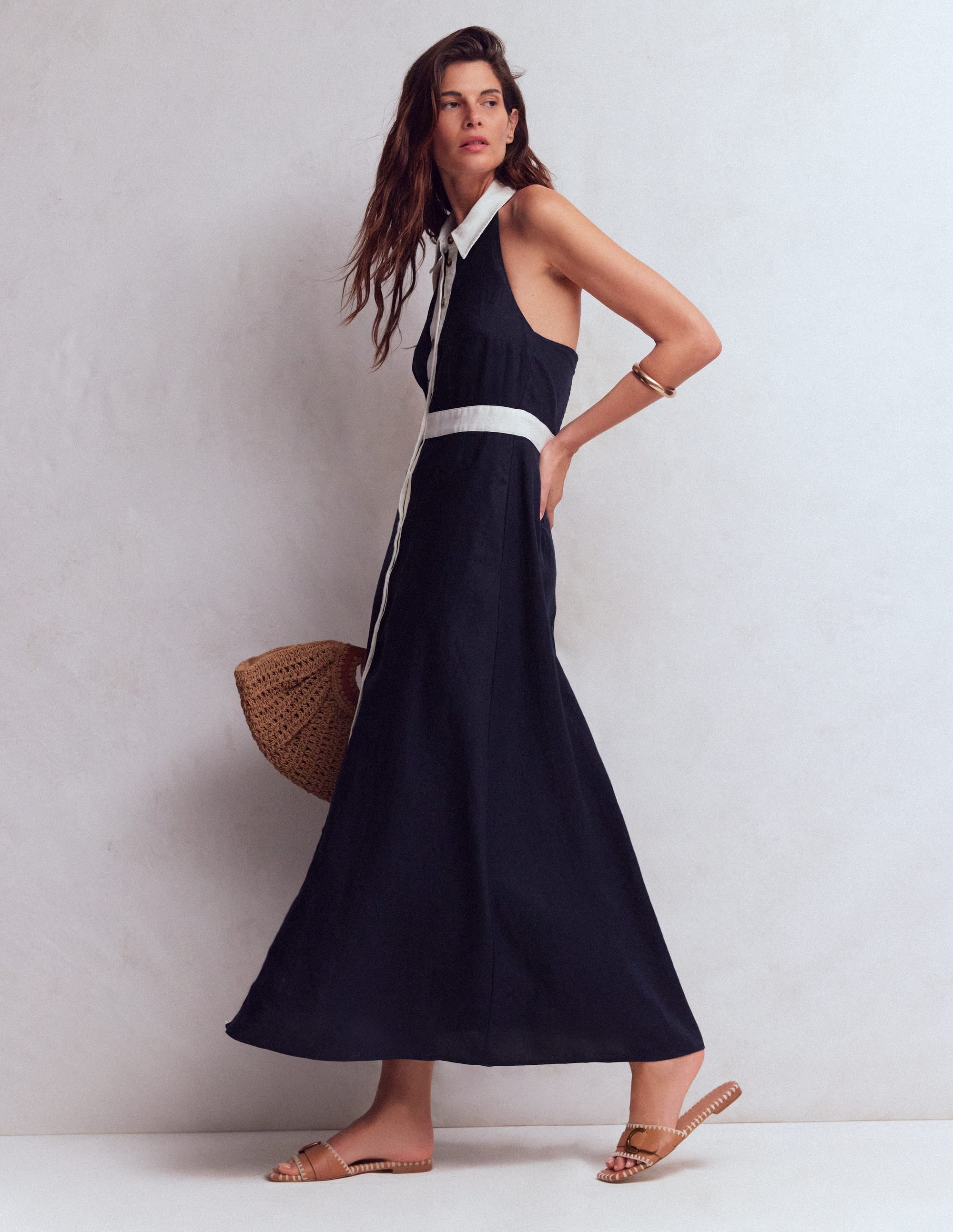 Halter Linen Blend Maxi Dress-Navy Ivory - Image 1