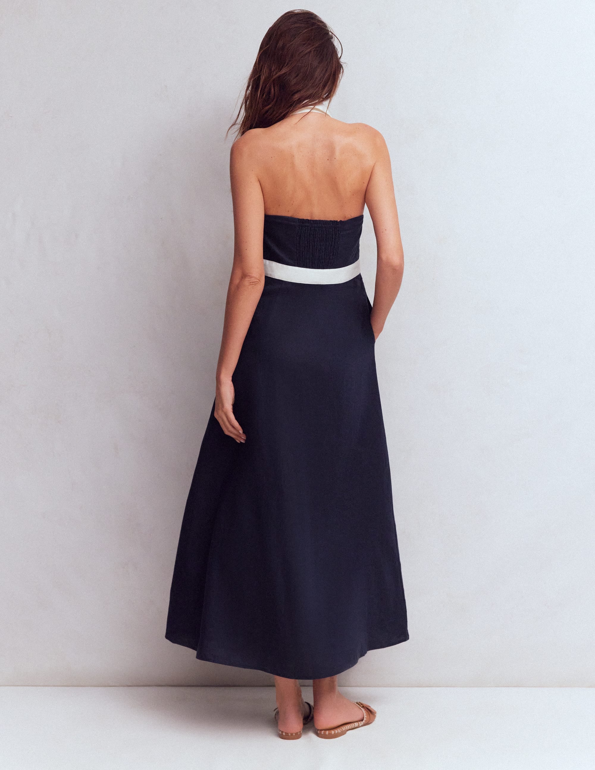 Halter Linen Blend Maxi Dress-Navy Ivory - Image 3