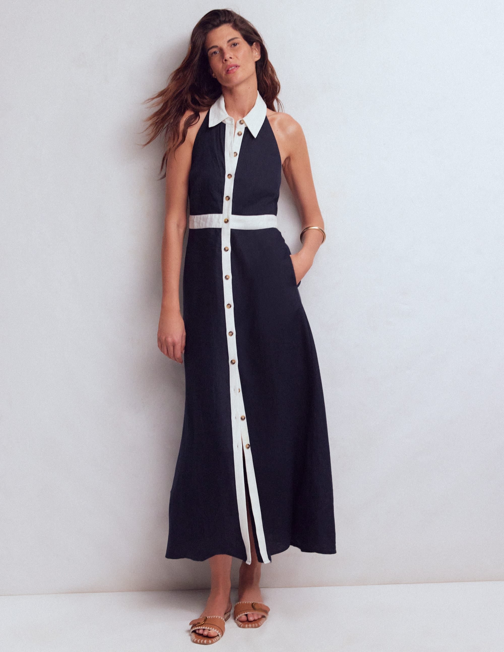 Halter Linen Blend Maxi Dress-Navy Ivory - Image 4