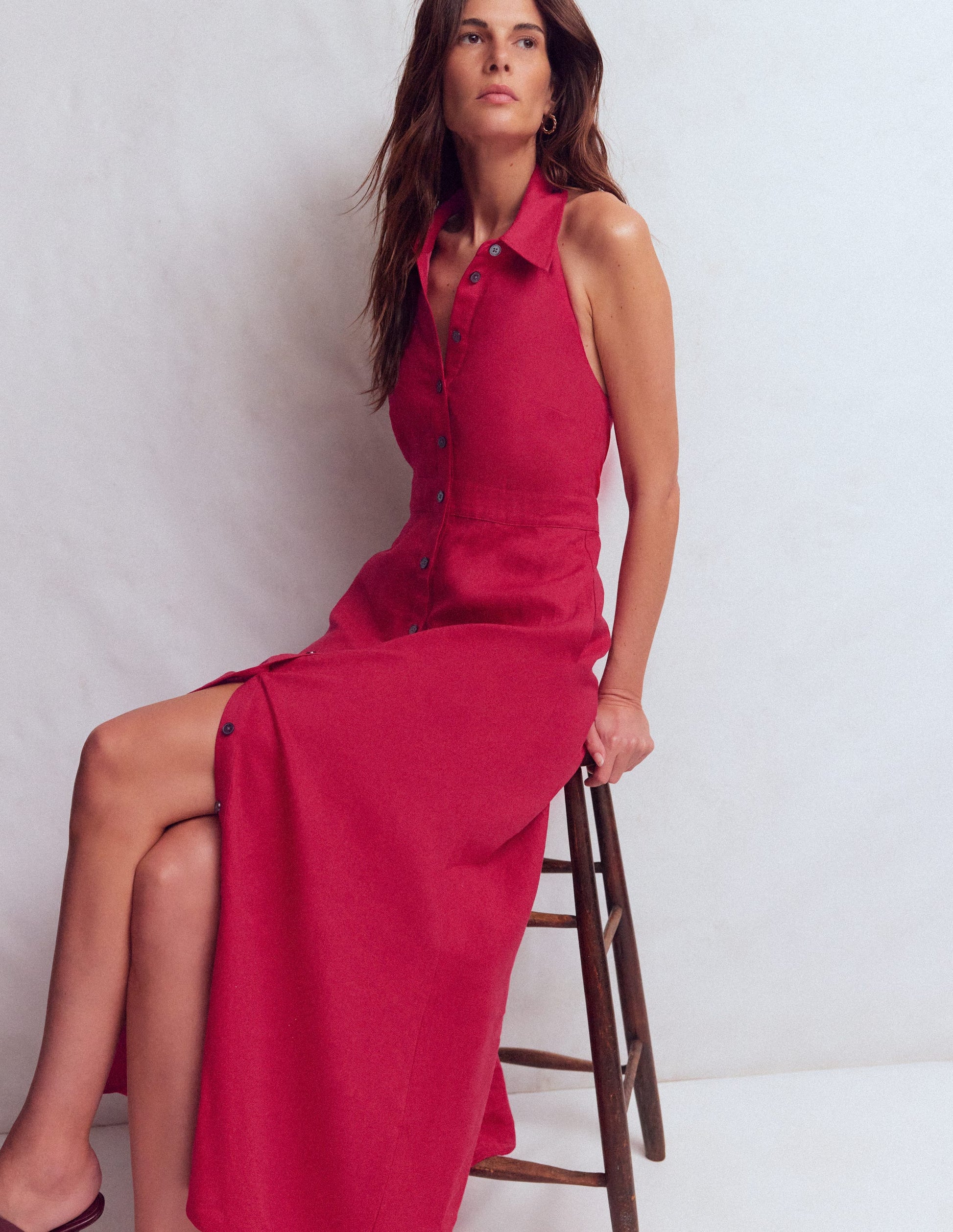 Collar Halter Neck Linen Dress-Pomegranate-1