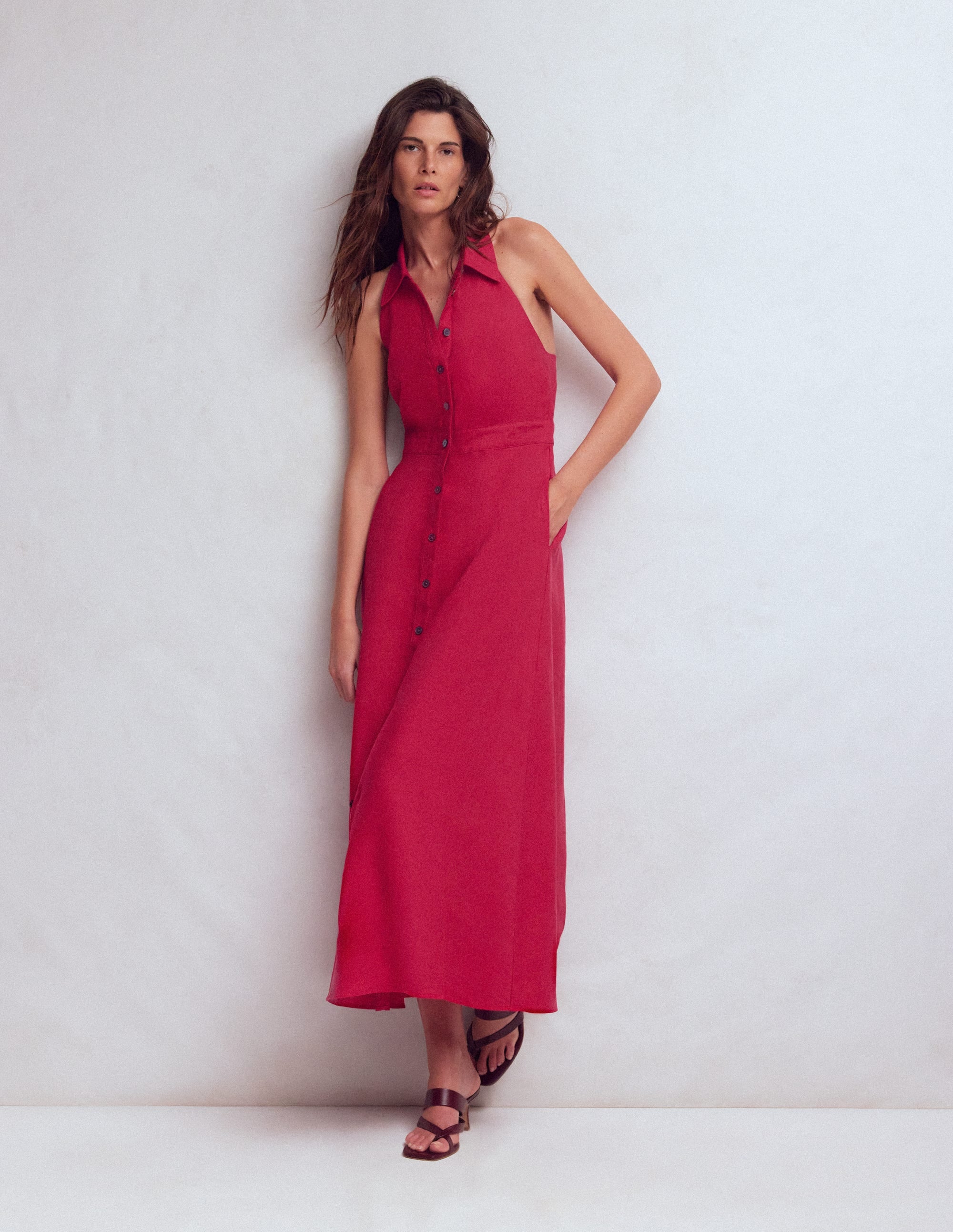 Halter Linen Blend Maxi Dress-Pomegranate - Image 4