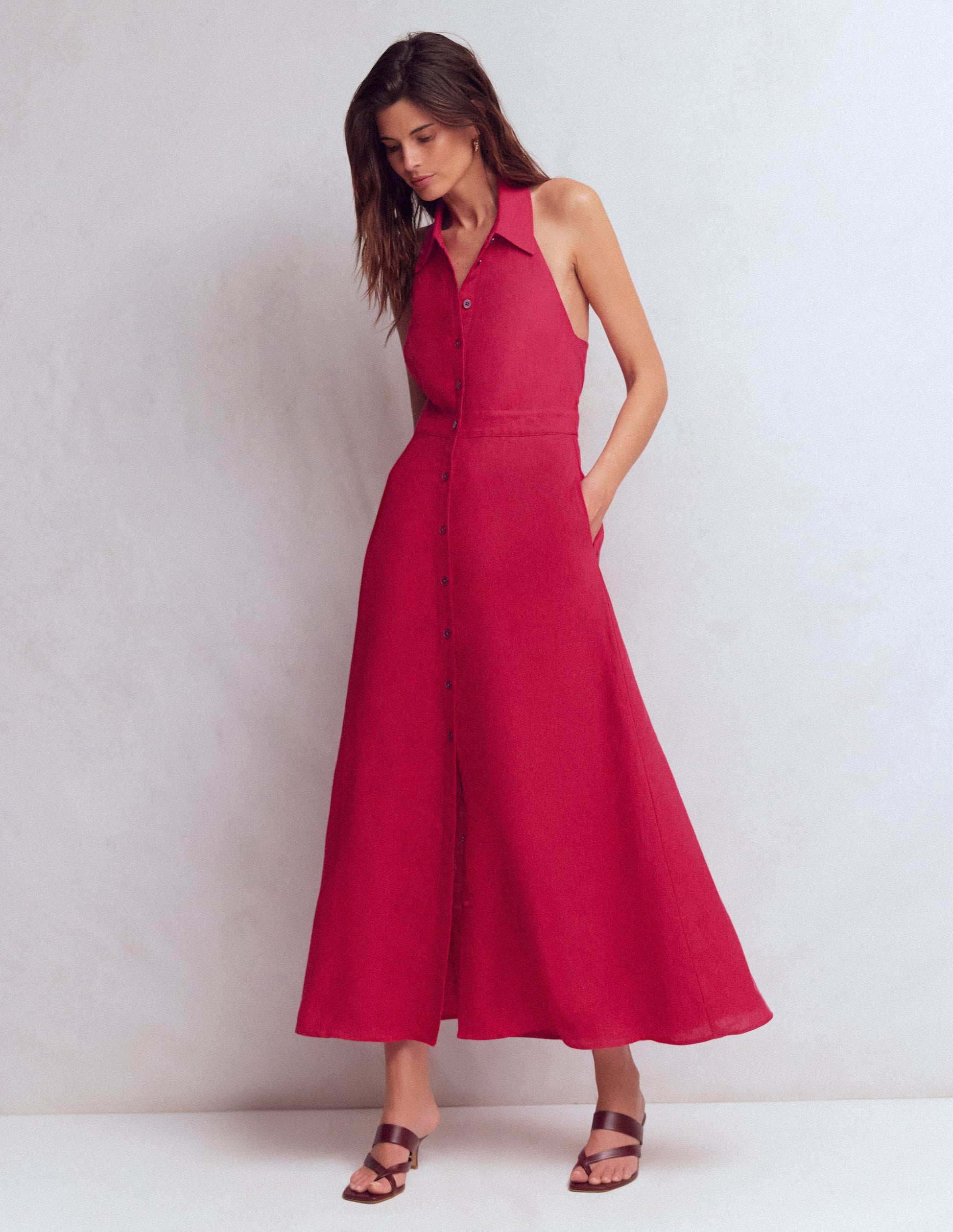 Collar Halter Neck Linen Dress-Pomegranate-5