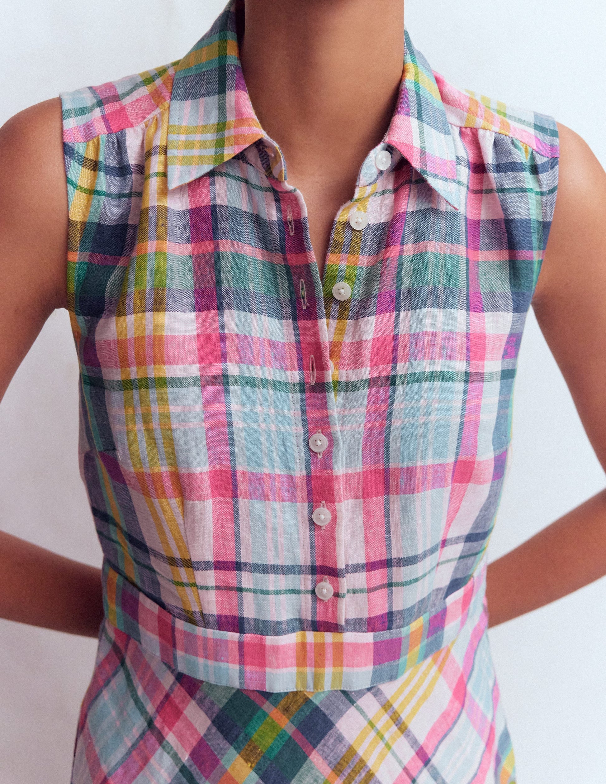 Erma Drop Waist Linen Dress-Blue, Pink and Green Madras-2