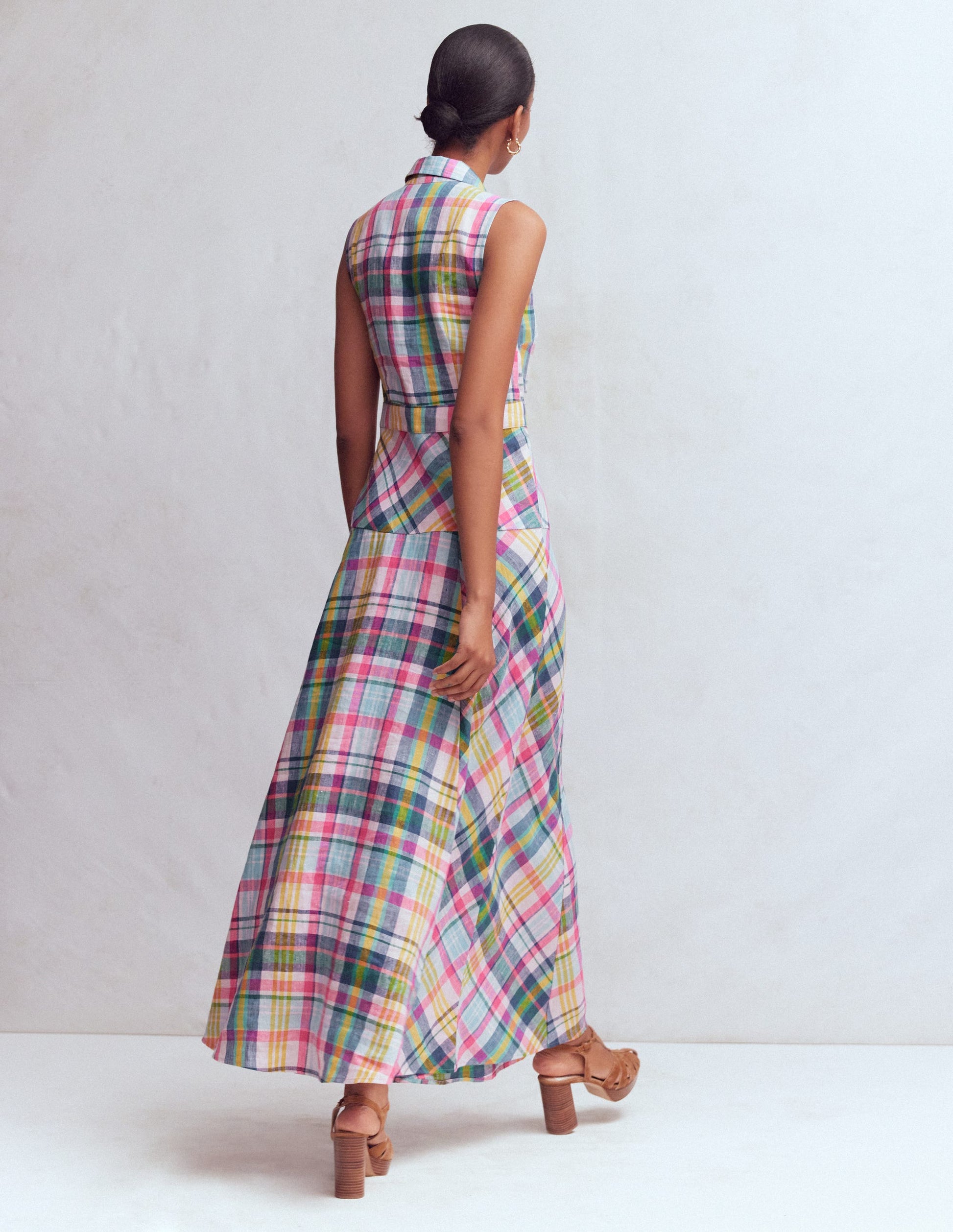 Erma Drop Waist Linen Dress-Blue, Pink and Green Madras-3