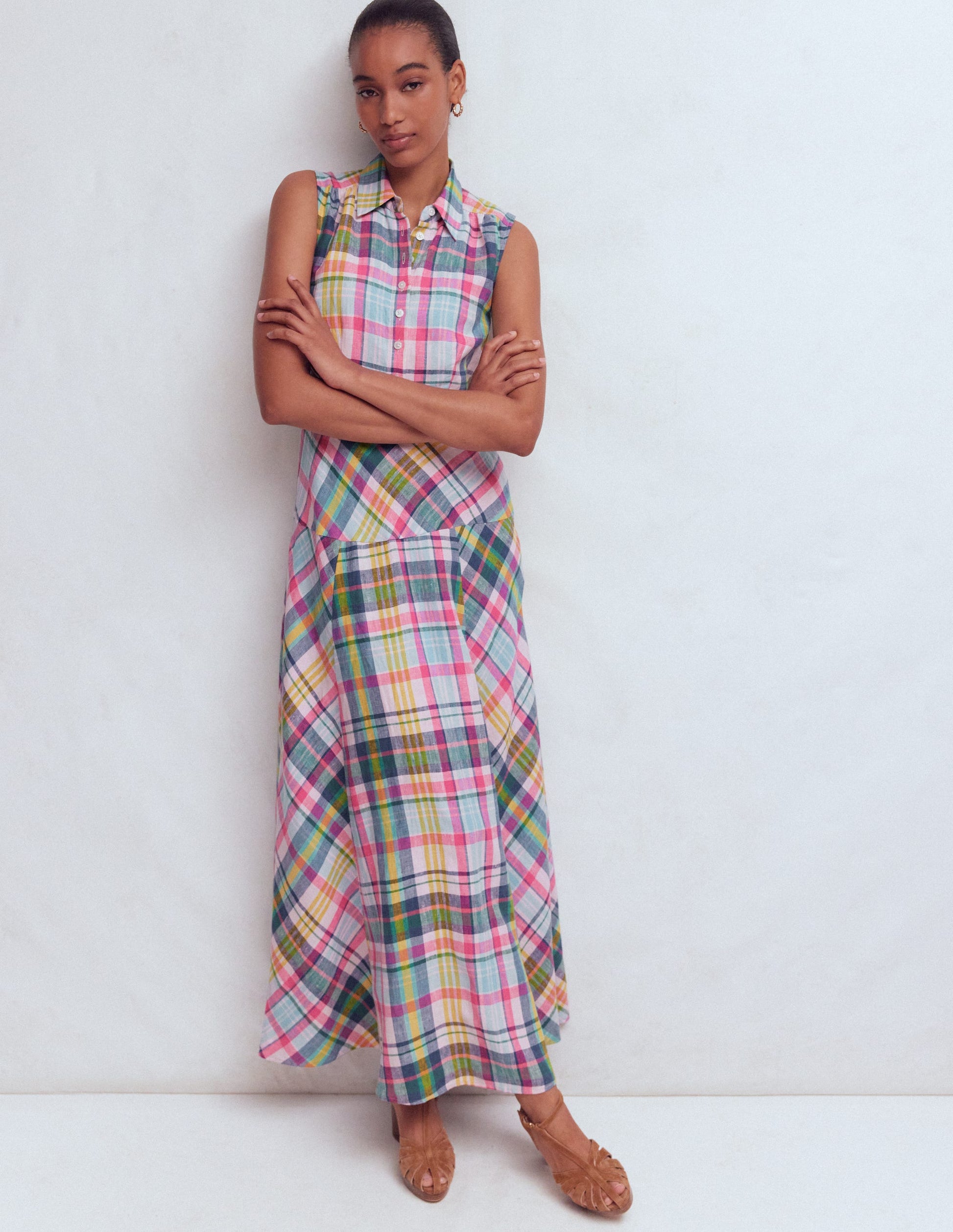 Erma Drop Waist Linen Dress-Blue, Pink and Green Madras-4