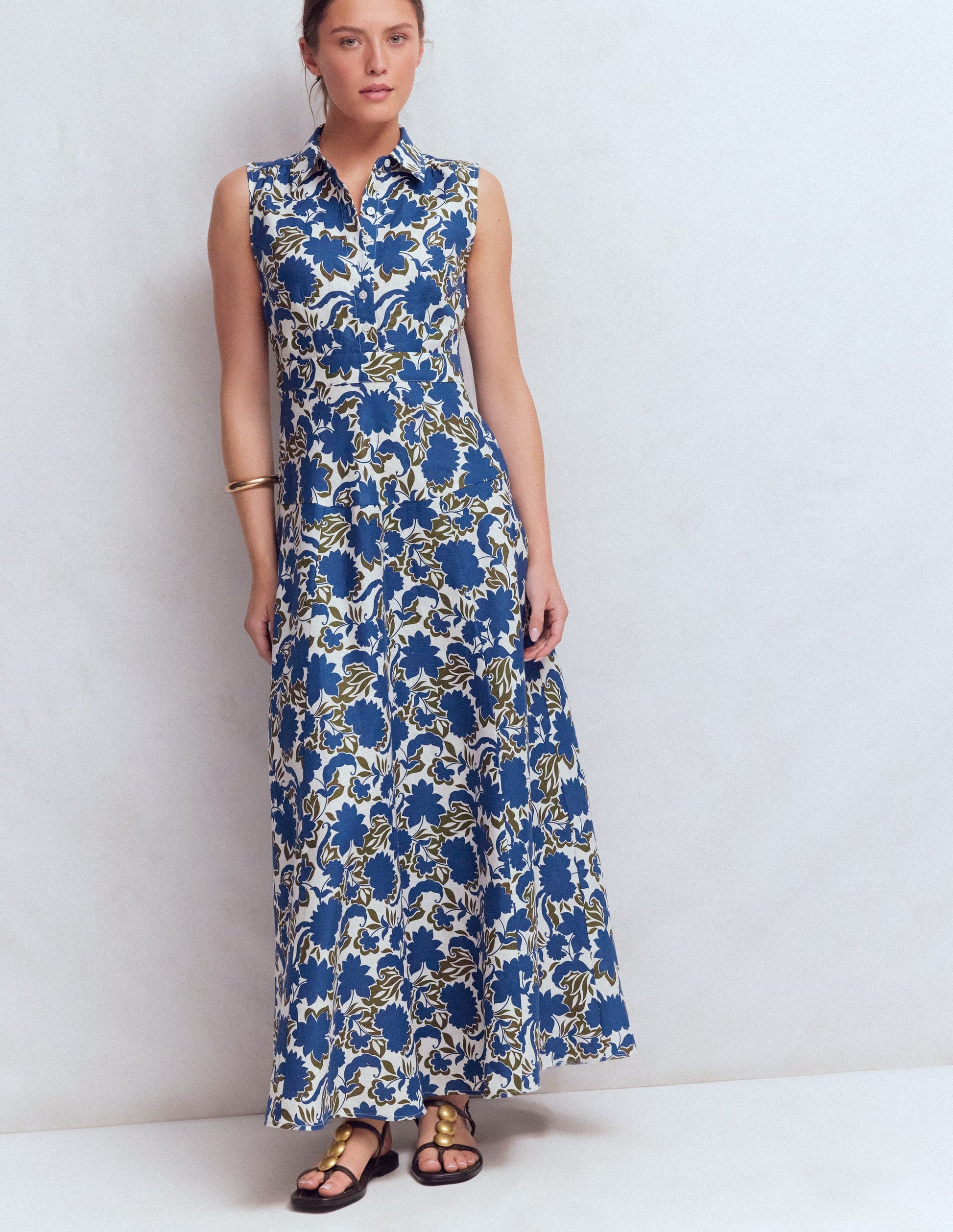 Erma Drop Waist Linen Dress-Blue Shadow Blossom-4