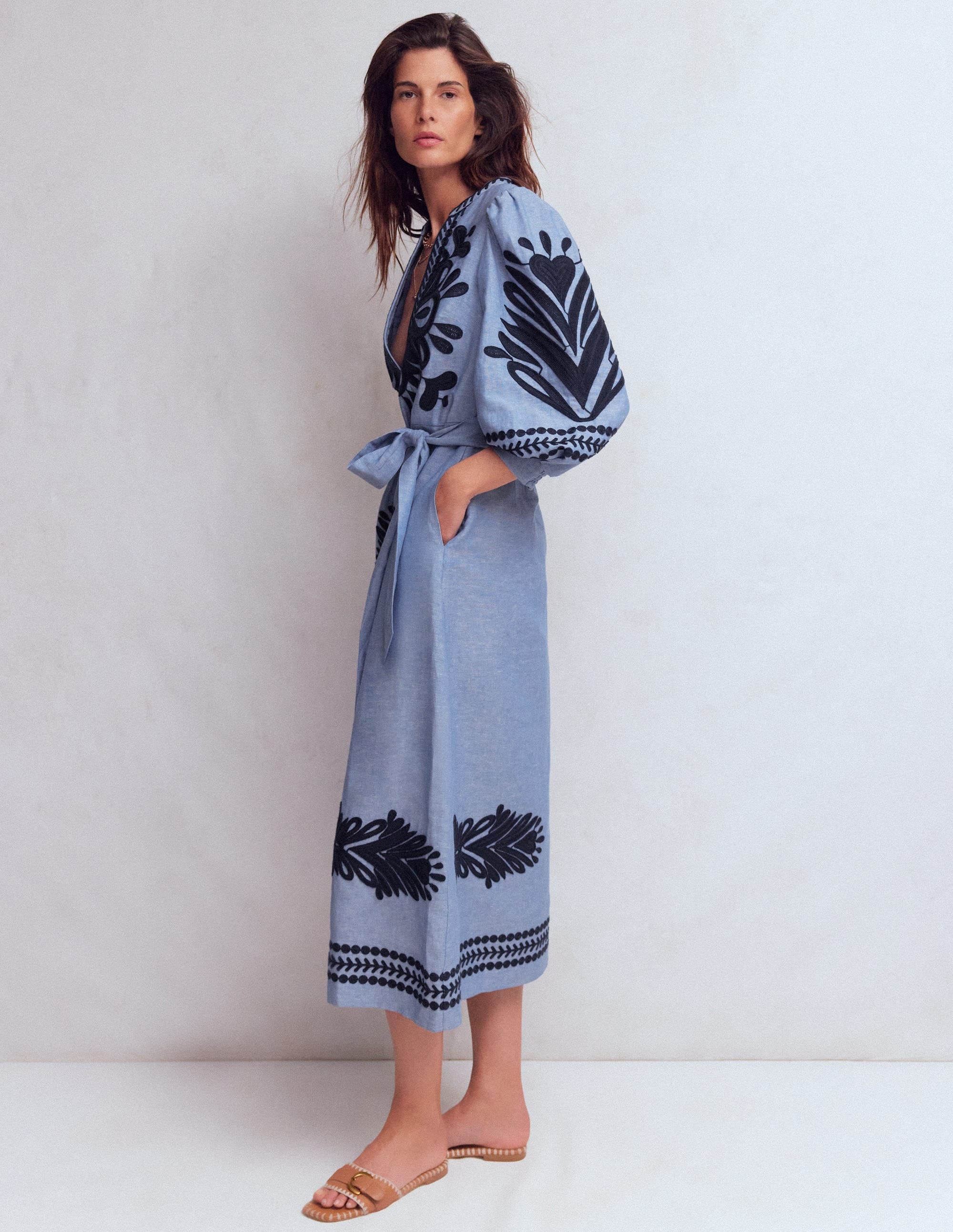 Octavia Linen Blend Dress-Embroidered Chambray - Image 1