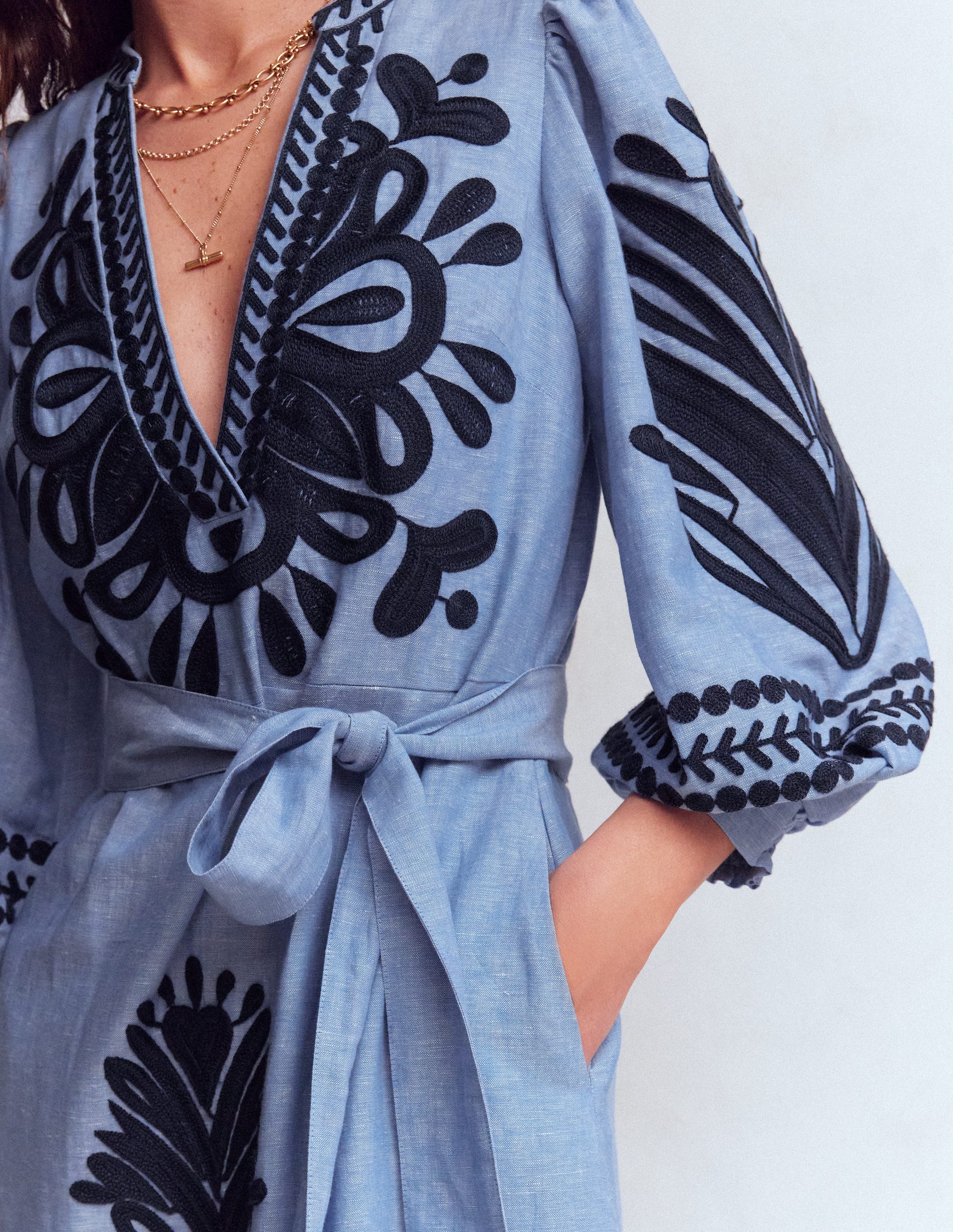 Octavia Linen Blend Dress-Embroidered Chambray - Image 2