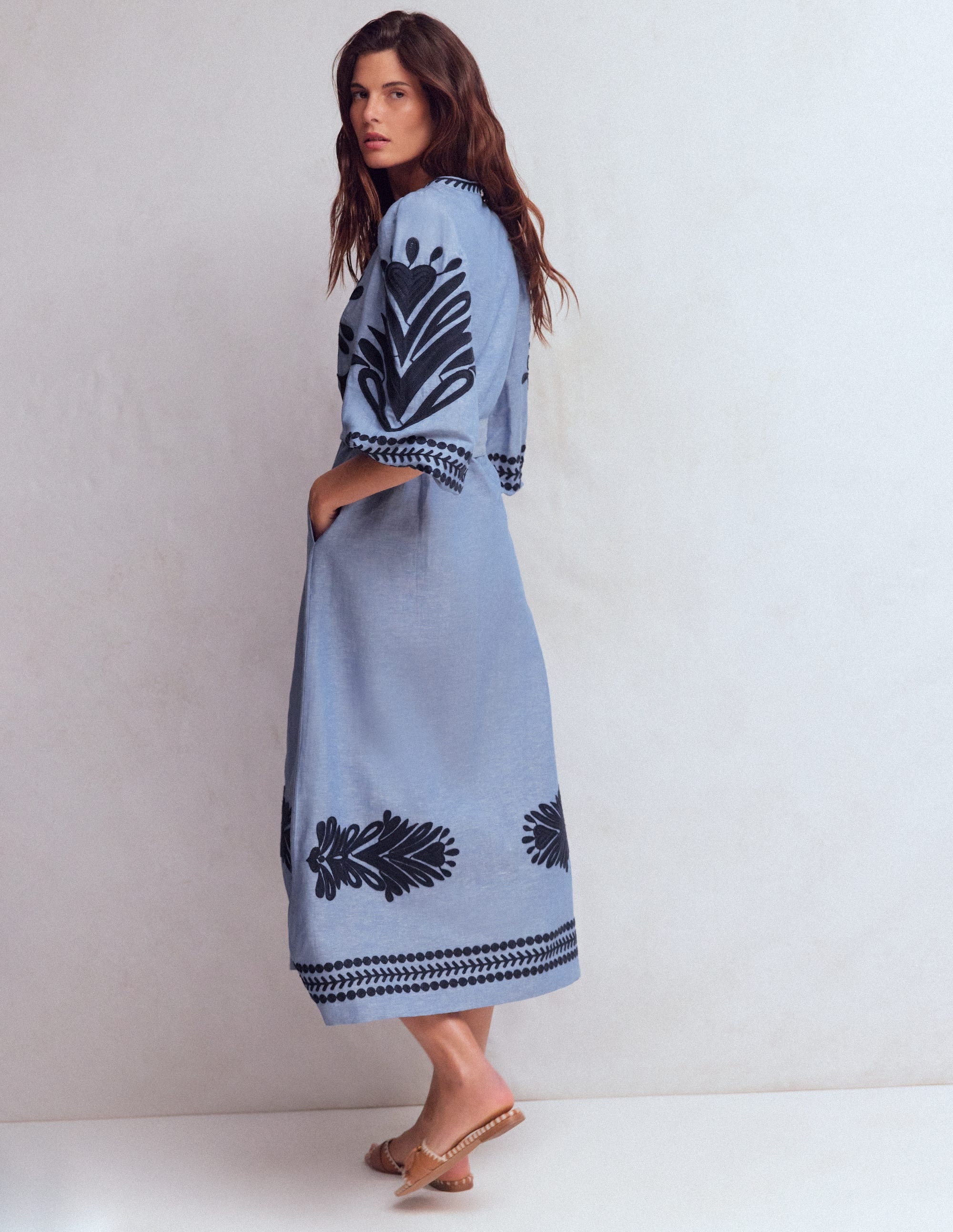 Octavia Linen Blend Dress-Embroidered Chambray - Image 3