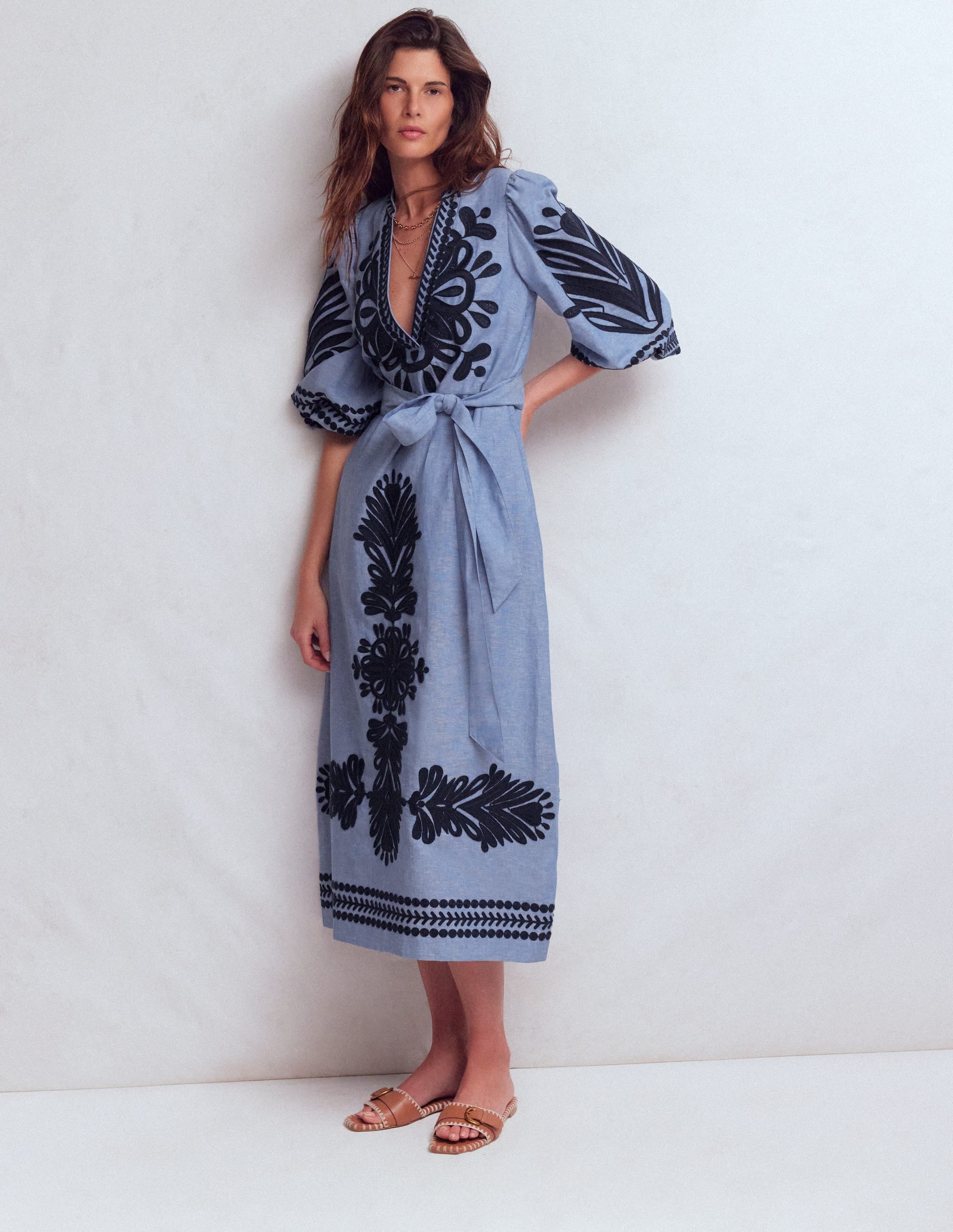 Octavia Linen Blend Dress-Embroidered Chambray - Image 4
