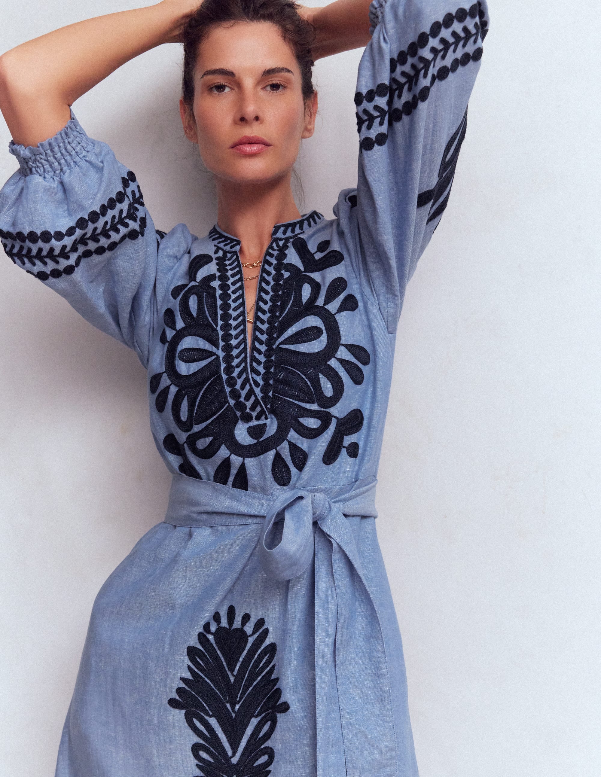 Octavia Linen Blend Dress-Embroidered Chambray - Image 5