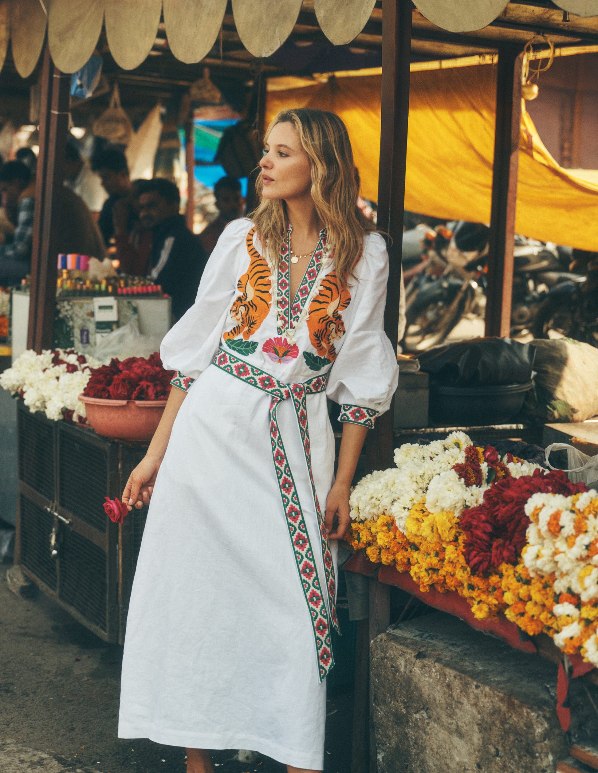 Octavia Linen Blend Dress - Tiger Embroidery