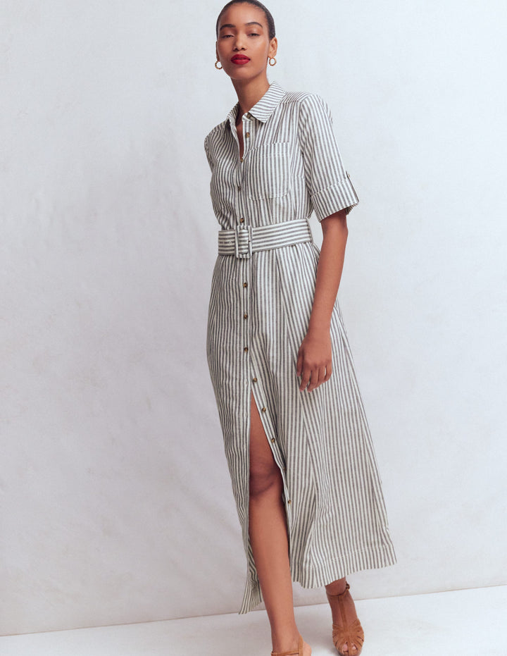 Ora Linen Blend Shirt Dress-Navy Ivory Stripe