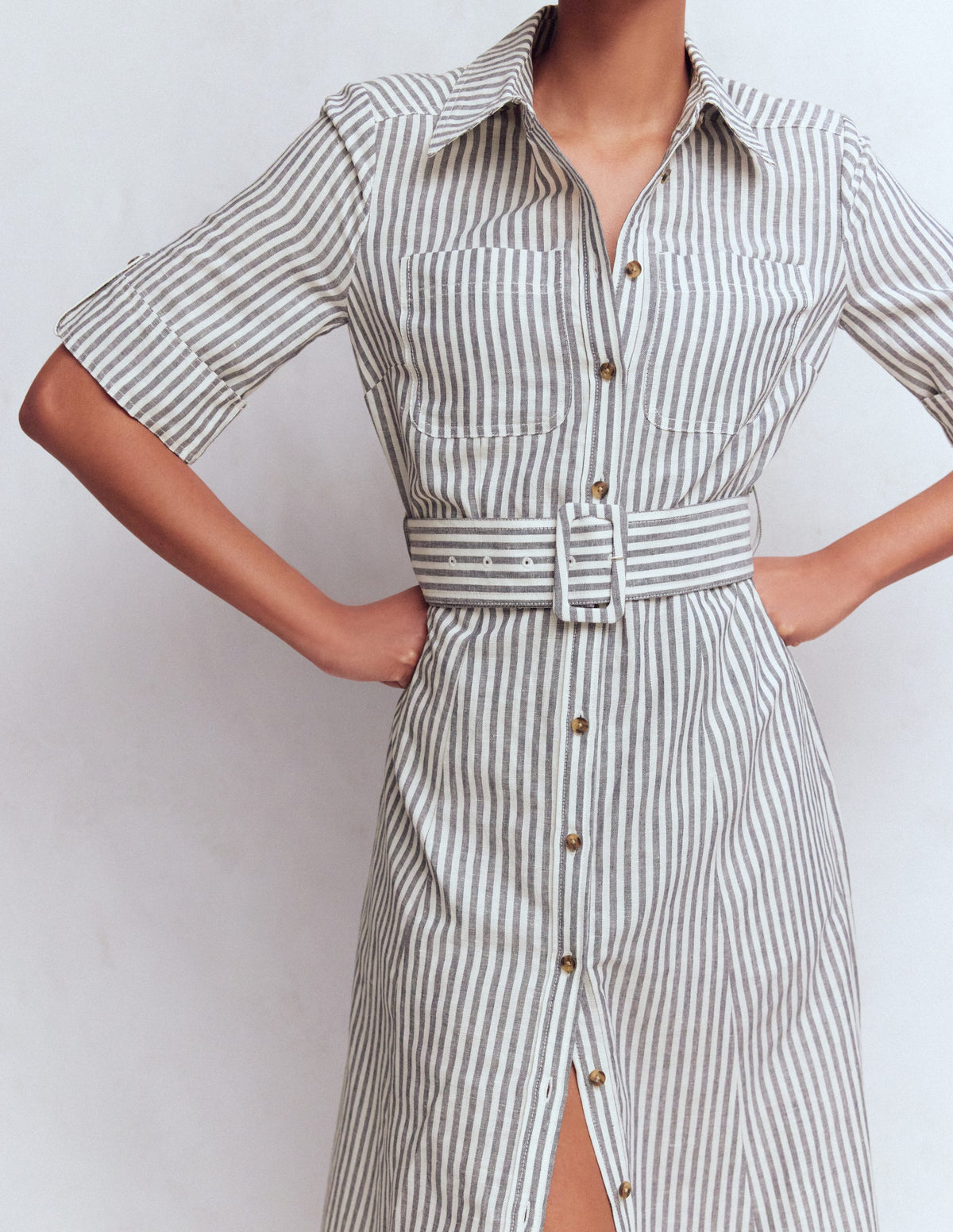 Ora Linen Blend Shirt Dress-Navy Ivory Stripe - Image 2
