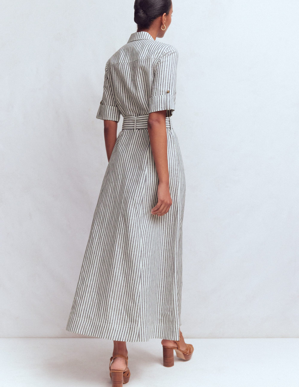 Ora Linen Blend Shirt Dress-Navy Ivory Stripe - Image 3