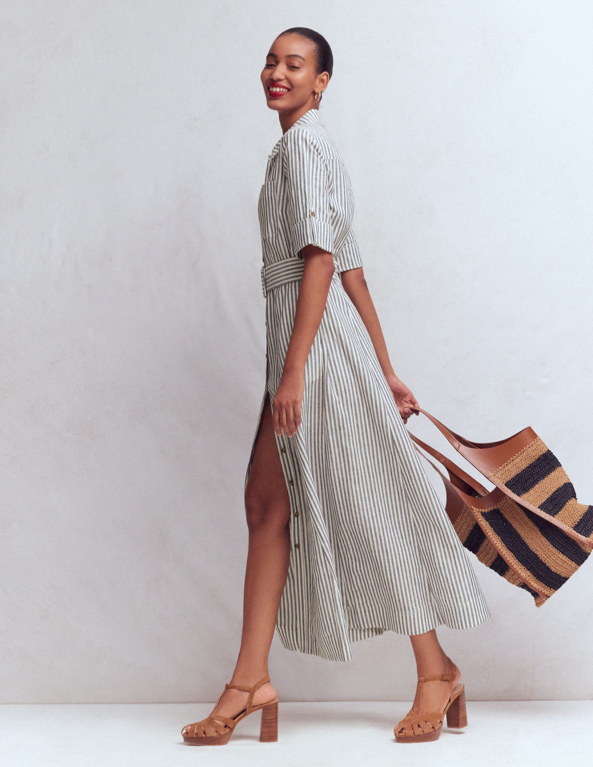 Ora Linen Blend Shirt Dress-Navy Ivory Stripe - Image 4