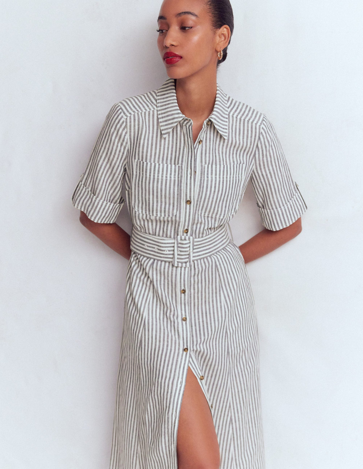 Ora Linen Blend Shirt Dress-Navy Ivory Stripe - Image 5
