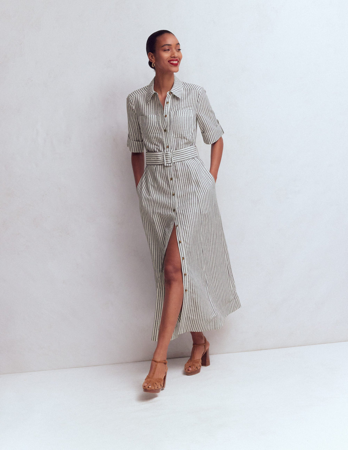 Ora Linen Blend Shirt Dress-Navy Ivory Stripe - Image 6
