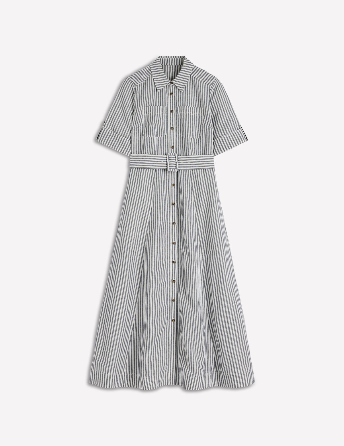 Ora Linen Blend Shirt Dress-Navy Ivory Stripe - Image 7