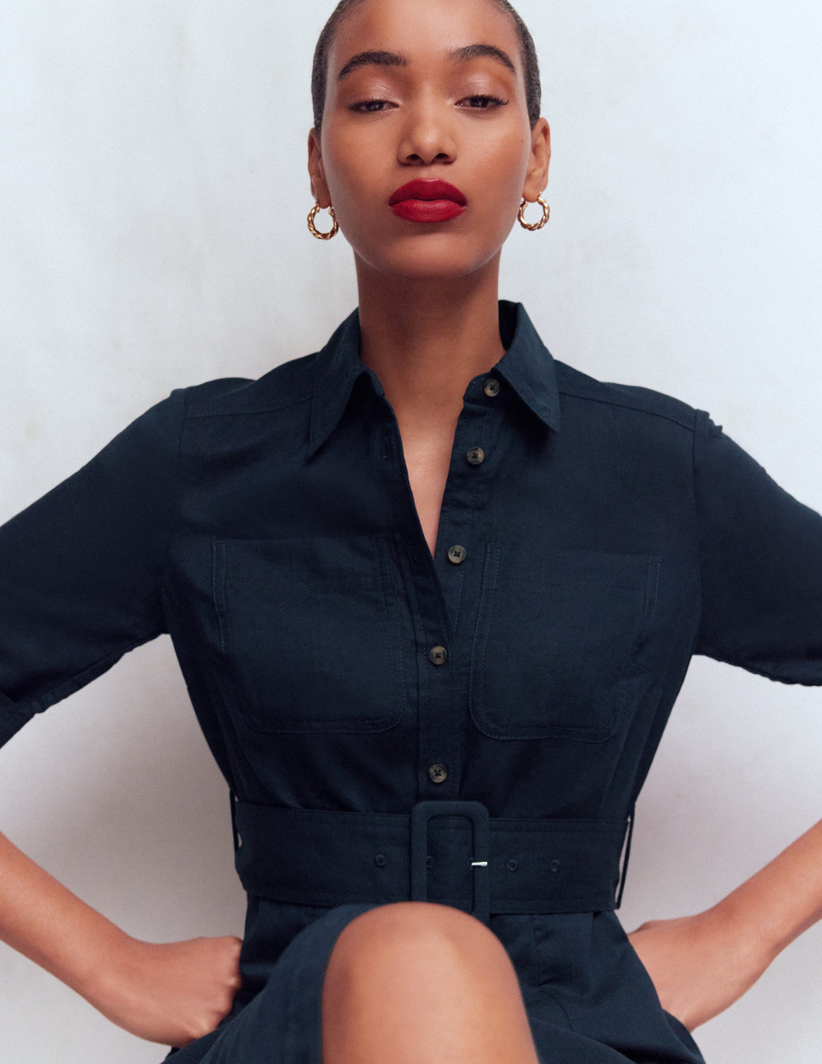 Ora Linen Blend Shirt Dress-Navy - Image 2
