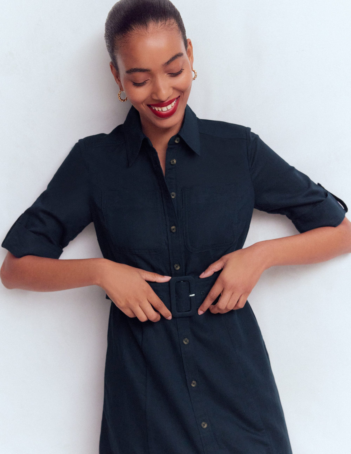 Ora Linen Blend Shirt Dress-Navy - Image 5