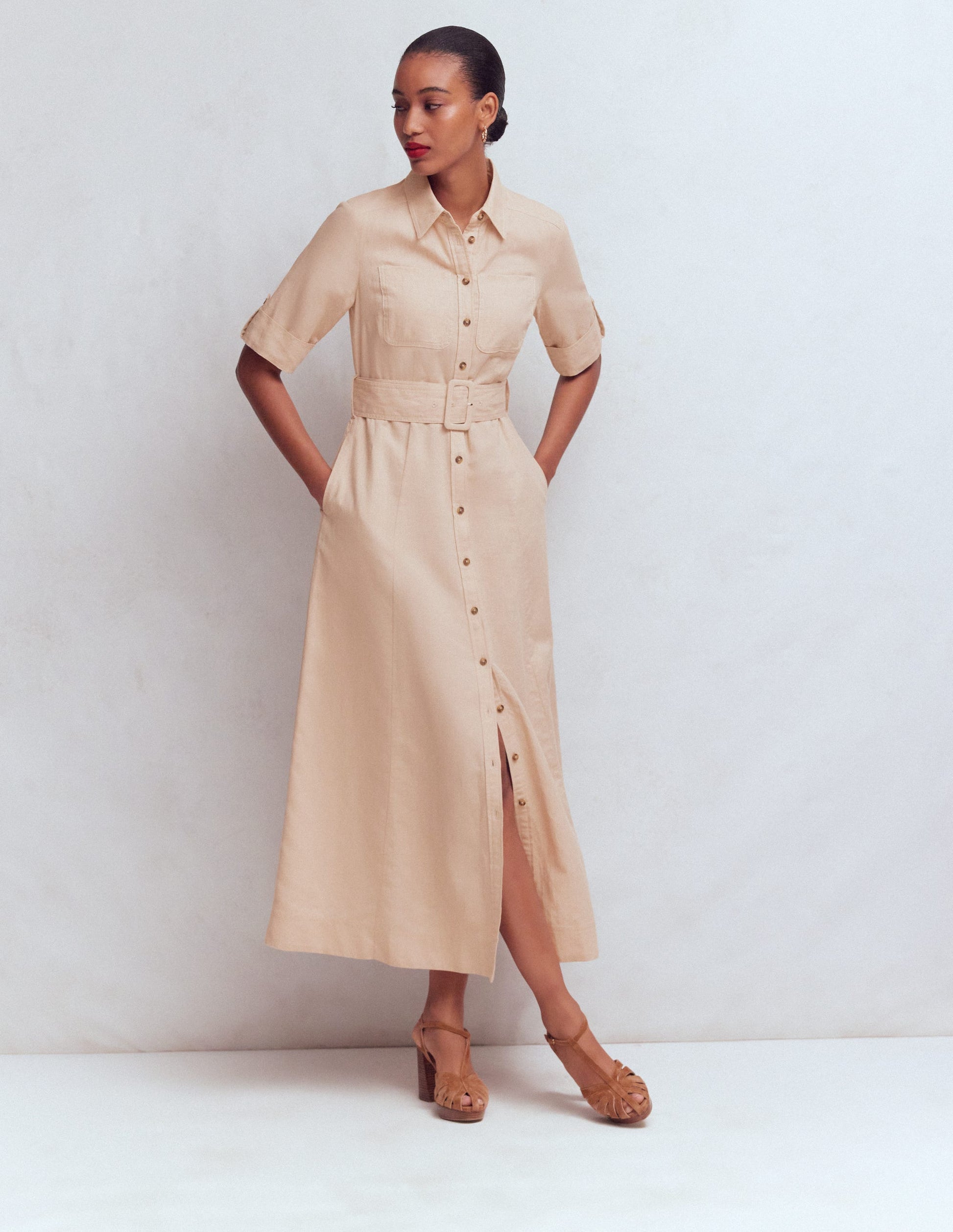 Ora Linen Blend Shirt Dress-Coffee-4