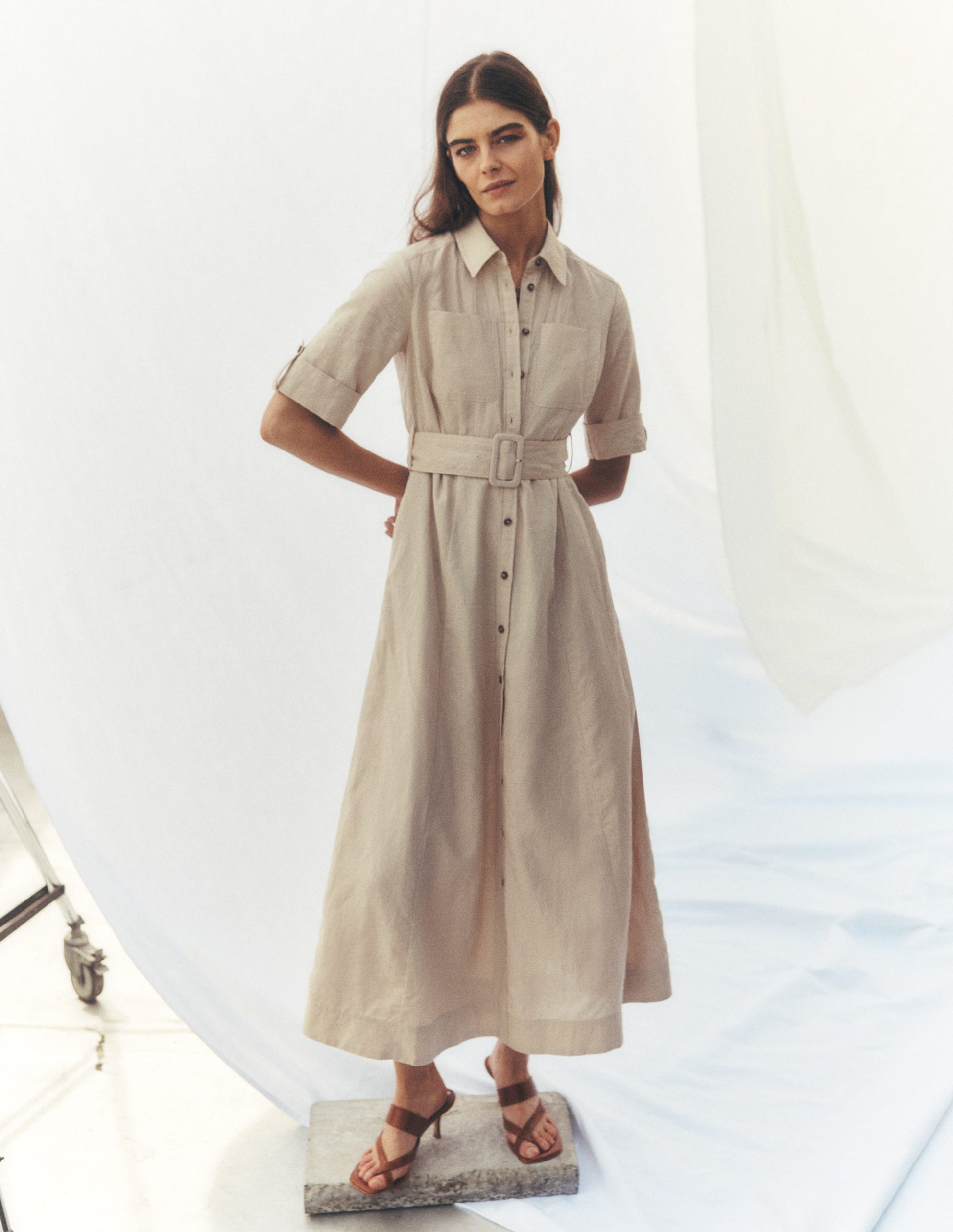 Ora Linen Blend Shirt Dress-Coffee-7