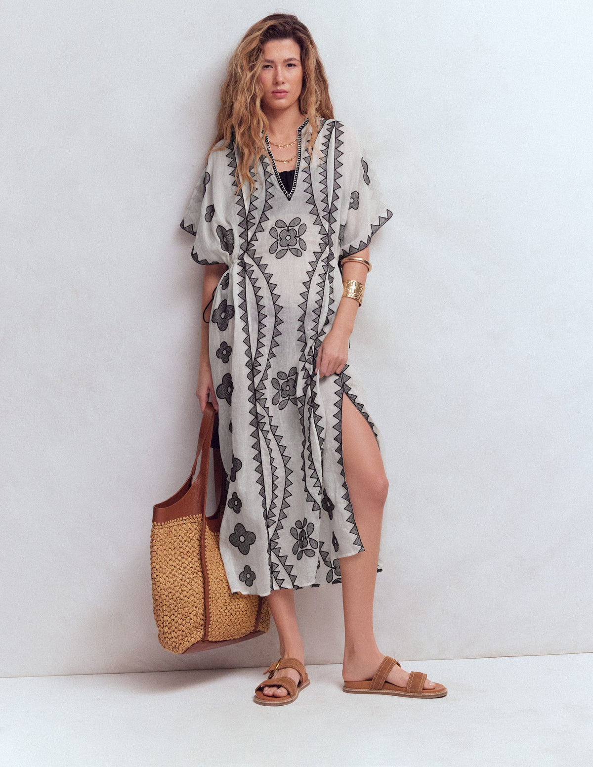 Side Tie Kaftan Dress-White Black Embroidered - Image 1