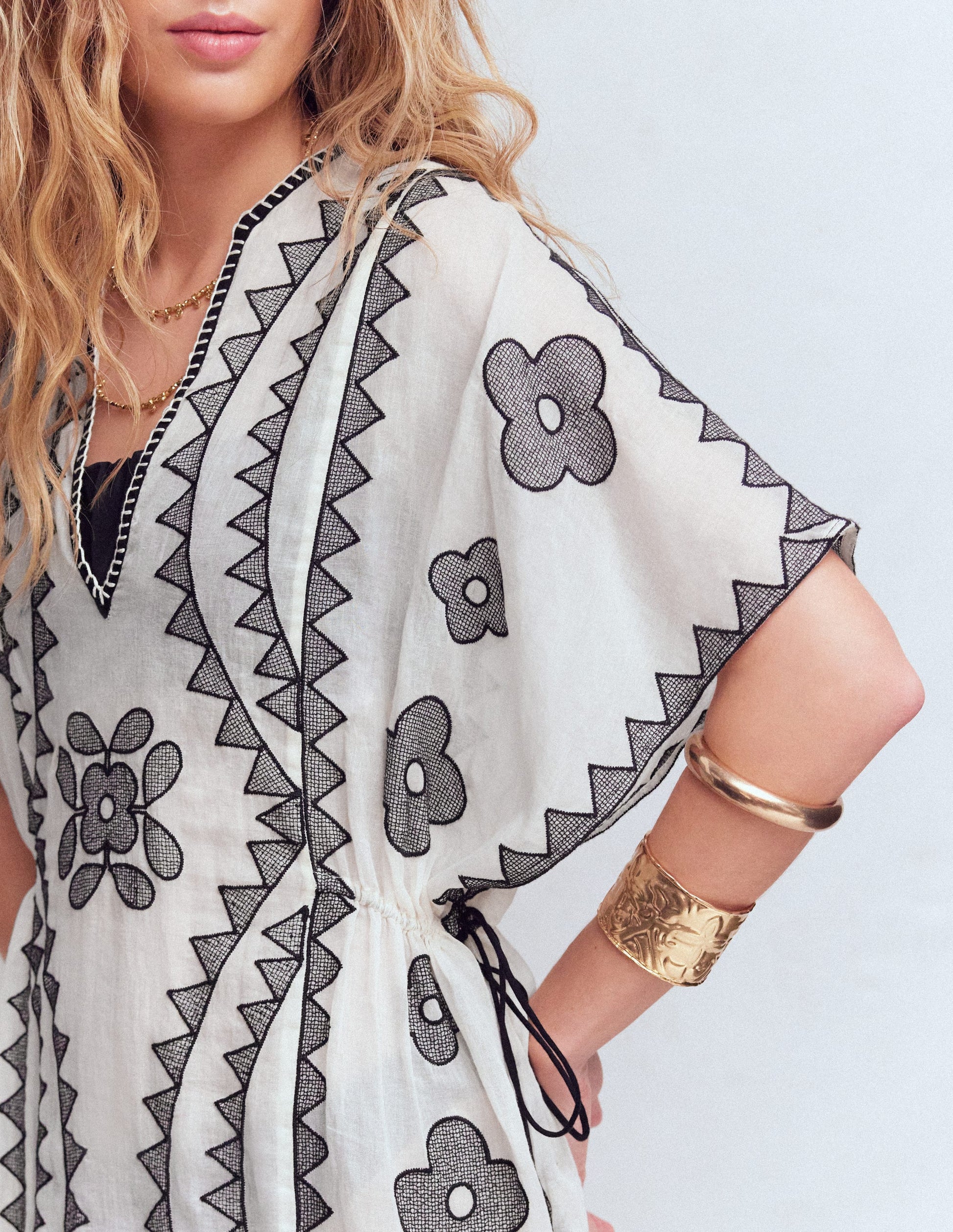 Side Tie Kaftan Dress-White Black Embroidered-3