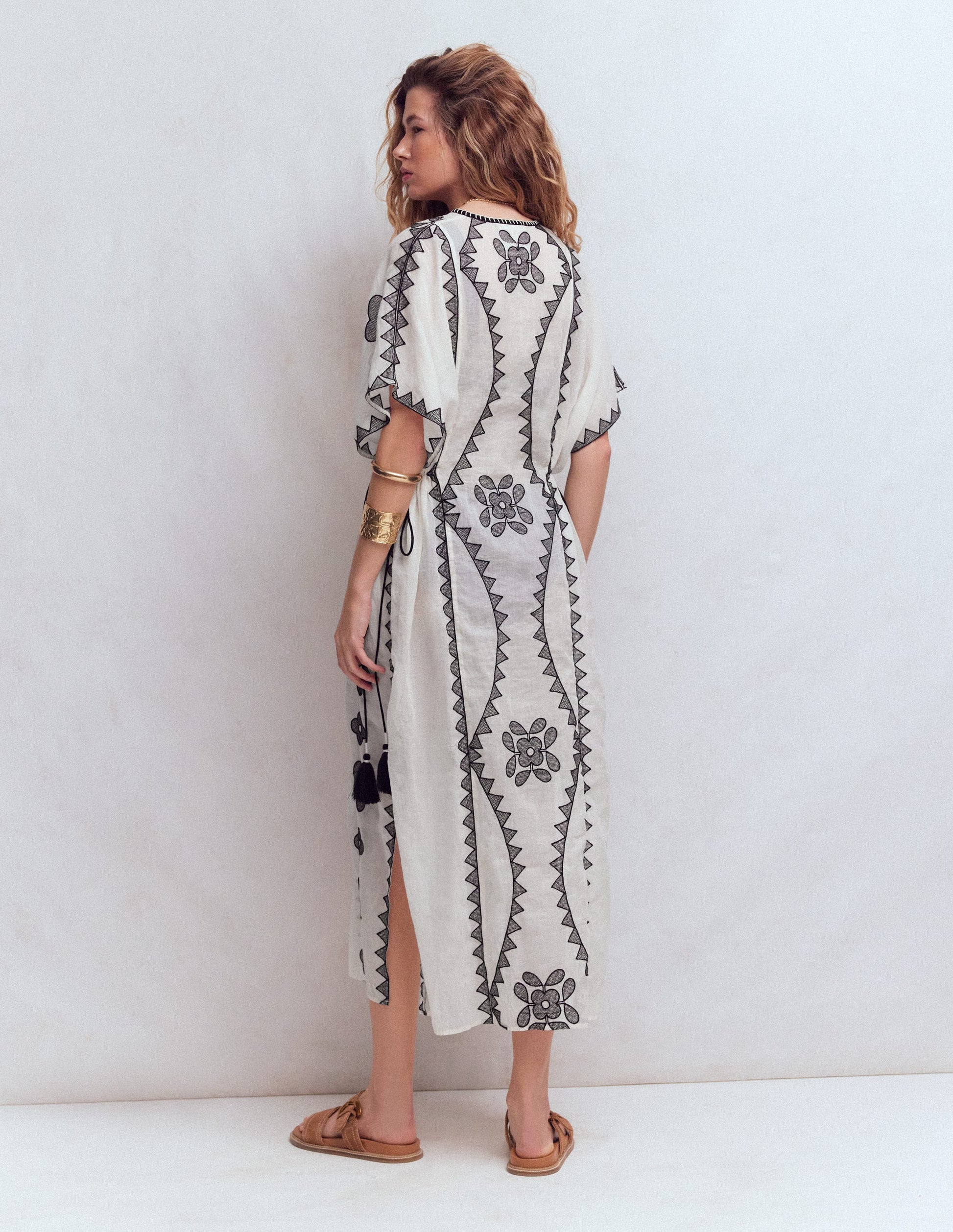 Side Tie Kaftan Dress-White Black Embroidered-4