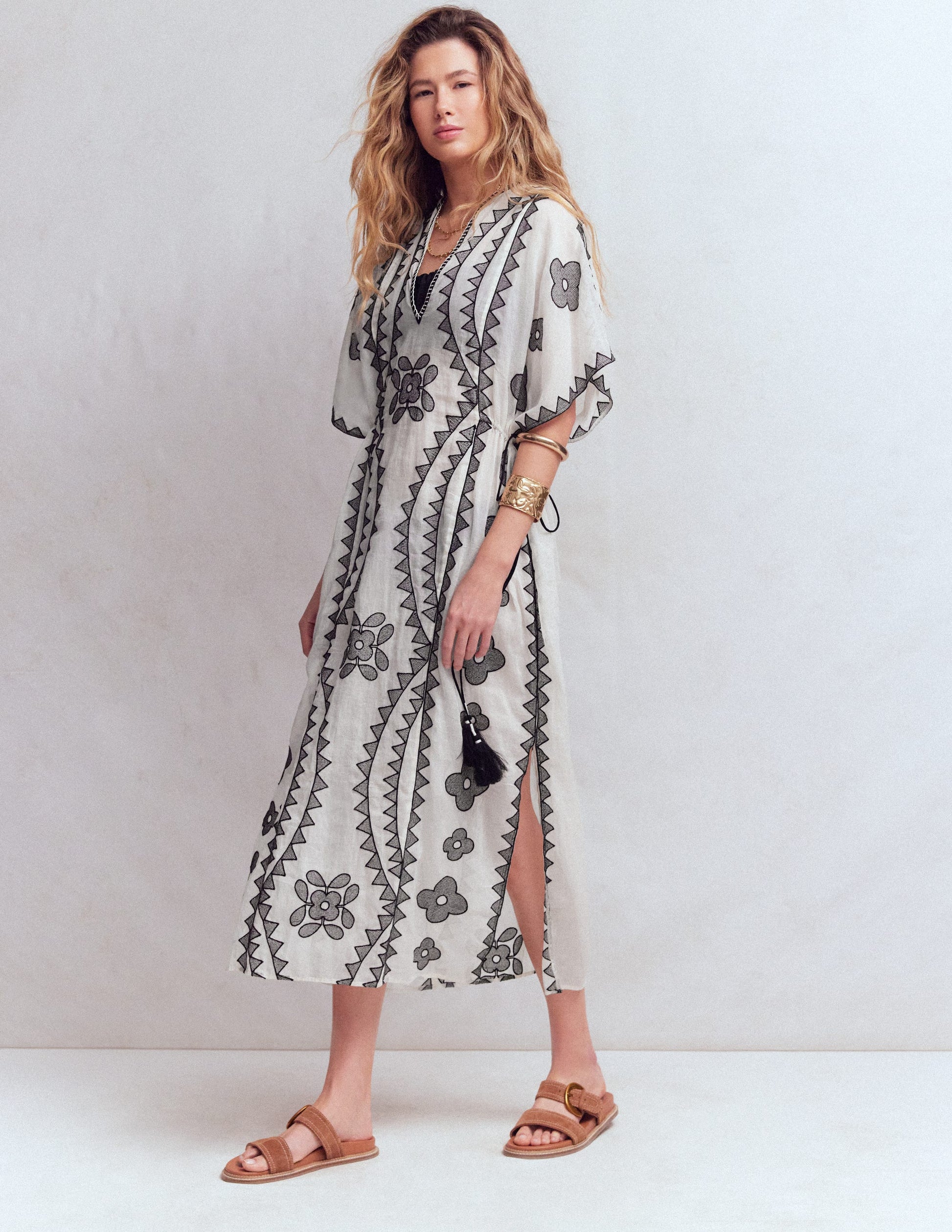 Side Tie Kaftan Dress-White Black Embroidered-5