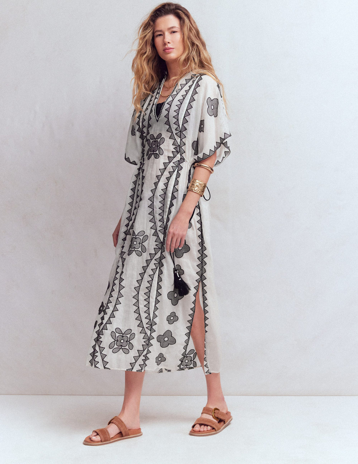 Side Tie Kaftan Dress-White Black Embroidered - Image 4