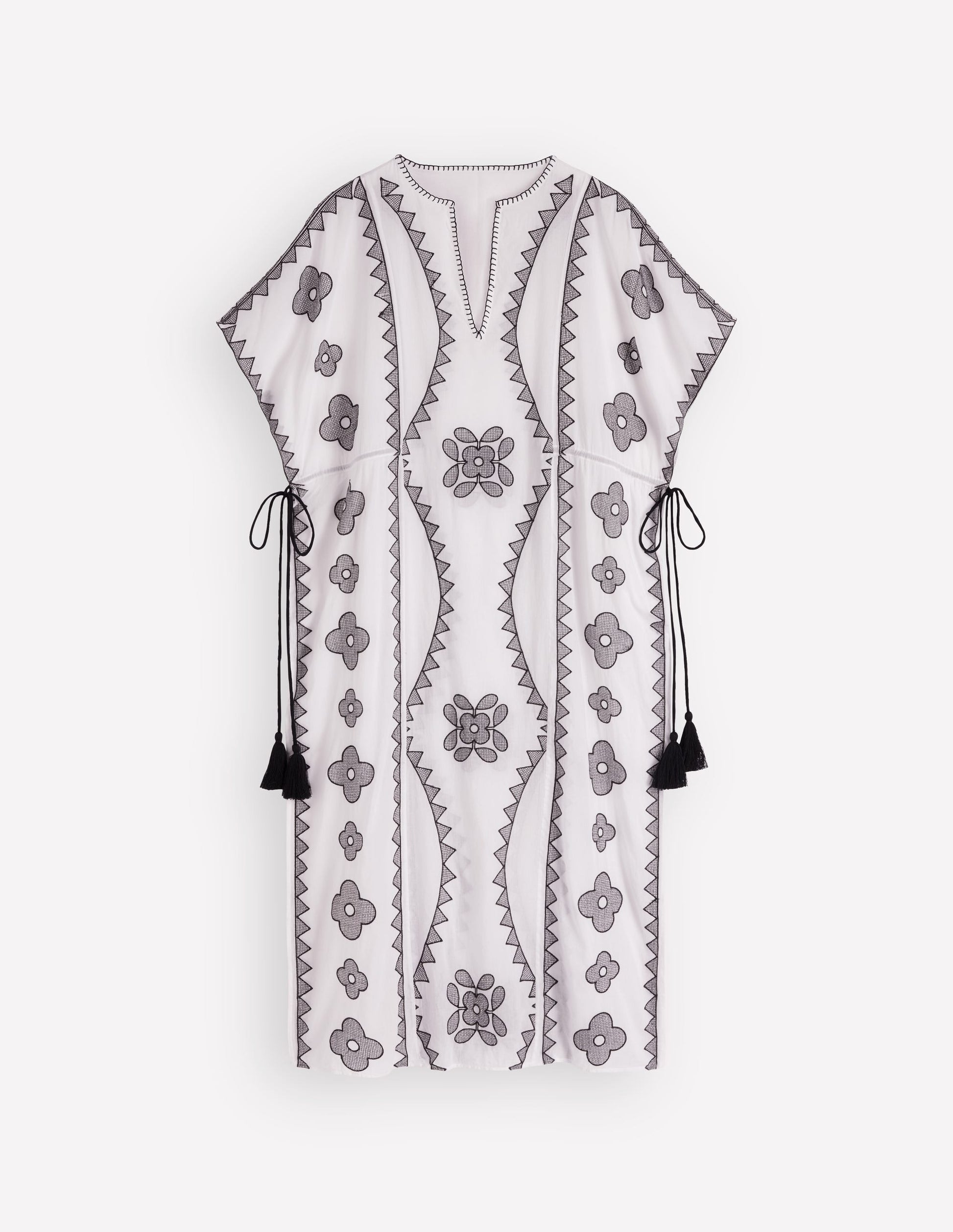 Side Tie Kaftan Dress-White Black Embroidered-6