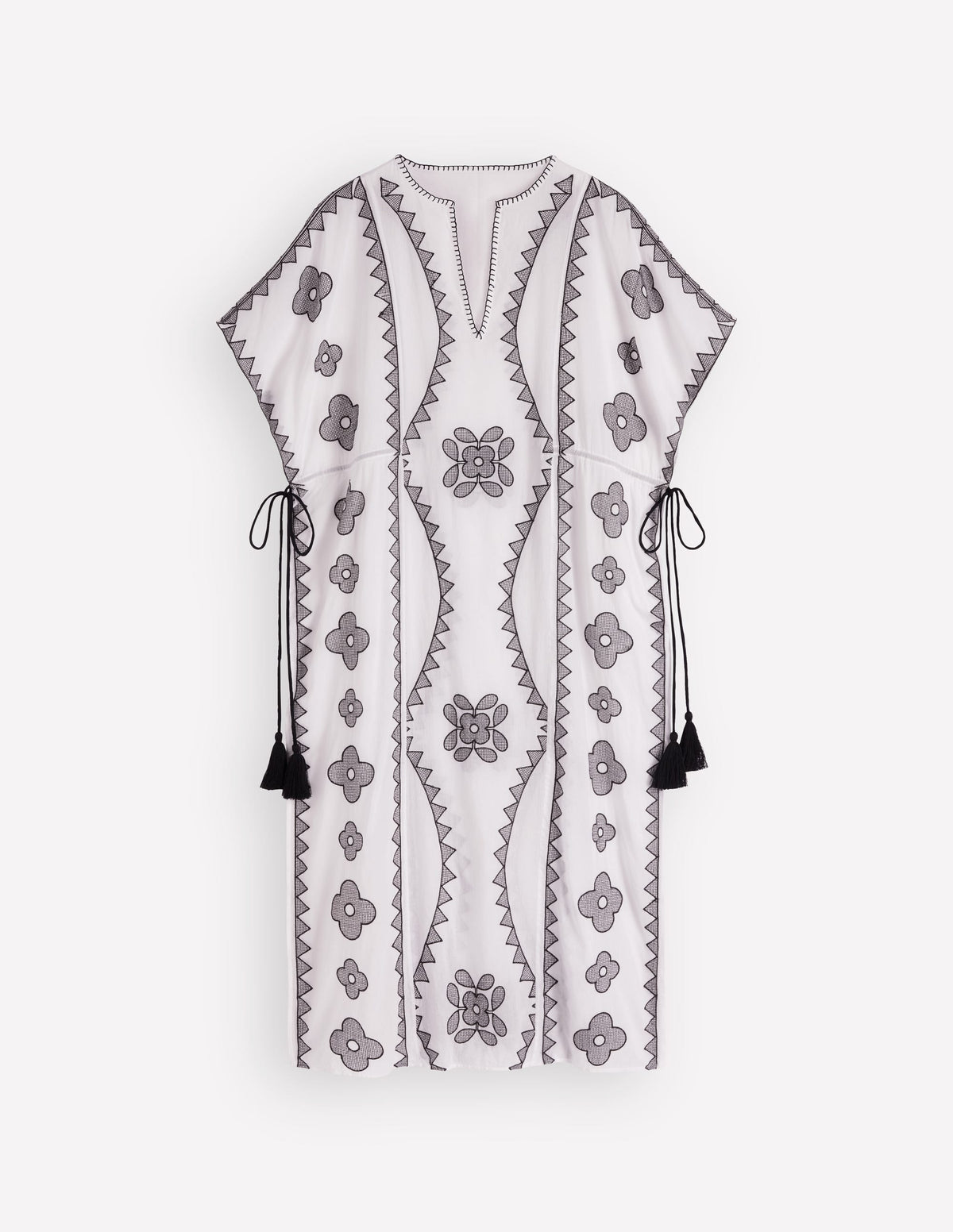 Side Tie Kaftan Dress-White Black Embroidered - Image 6