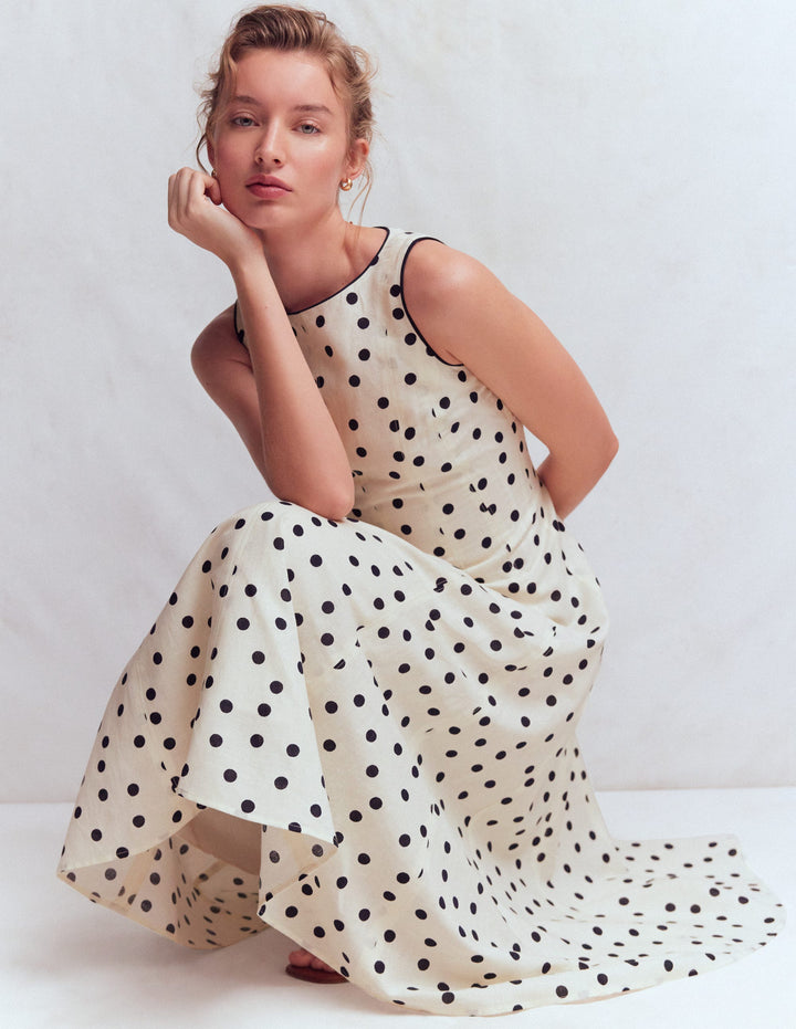Annet Linen Blend Midi Dress-Ivory Painted Dot Spaced