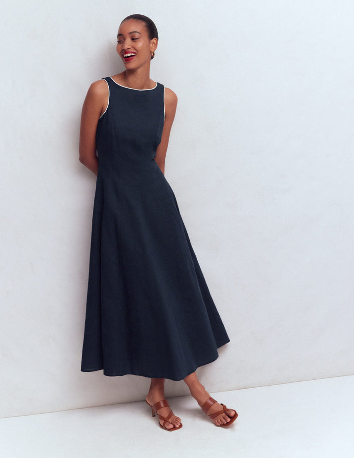 Annet Linen Blend Midi Dress-Navy