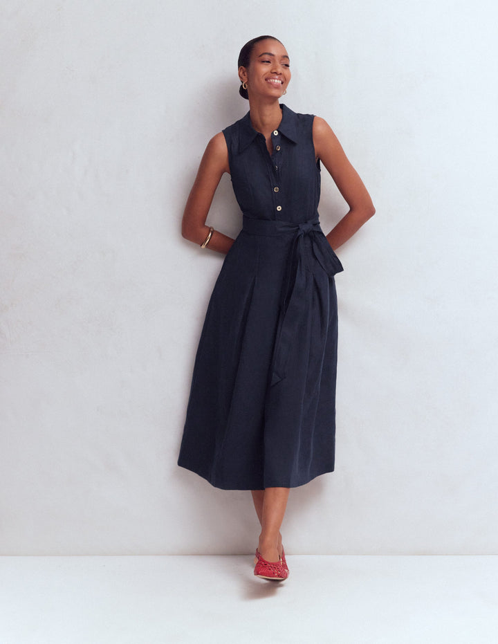 Belinda Linen Shirt Dress-Navy