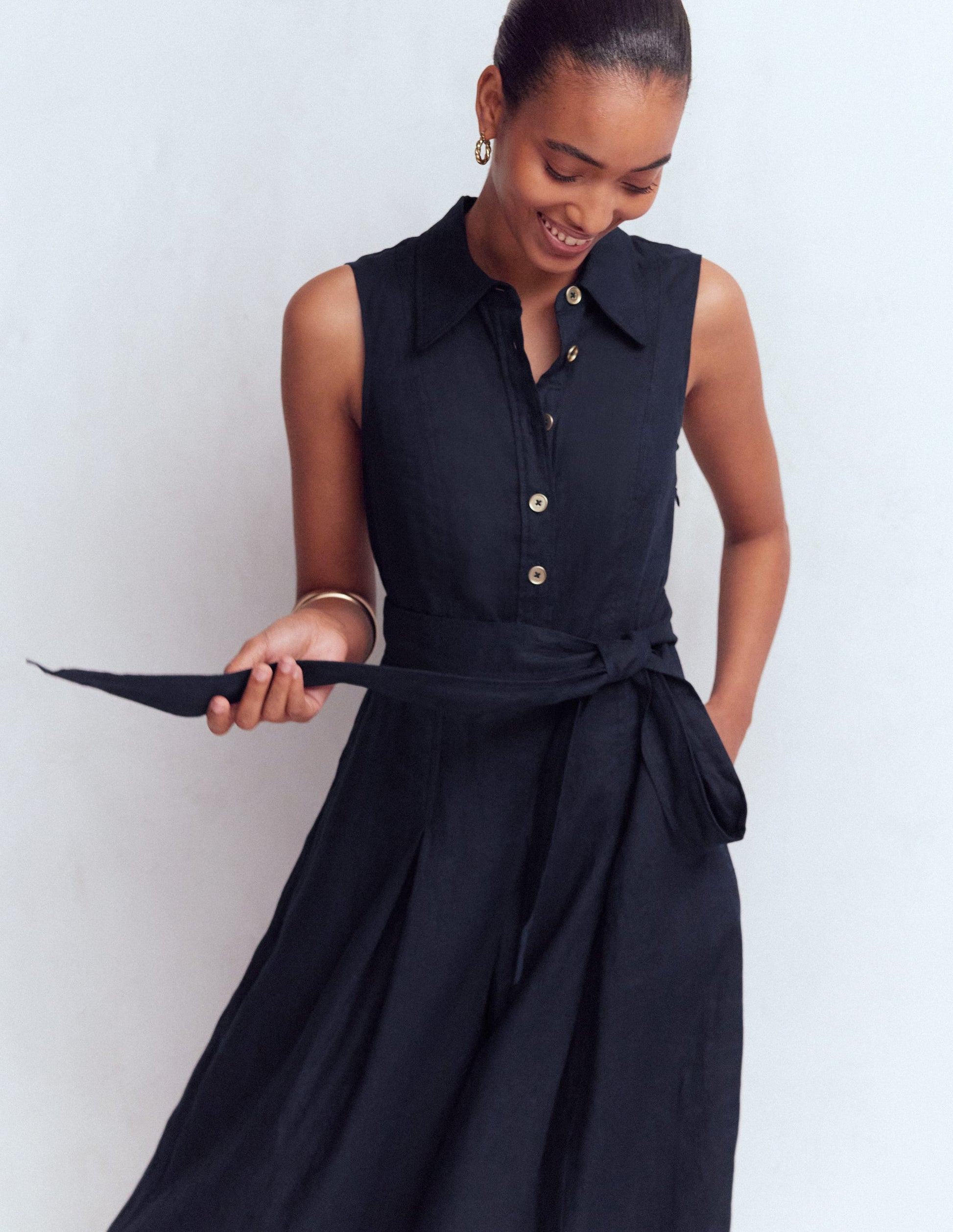 Belinda Linen Shirt Dress-Navy-5