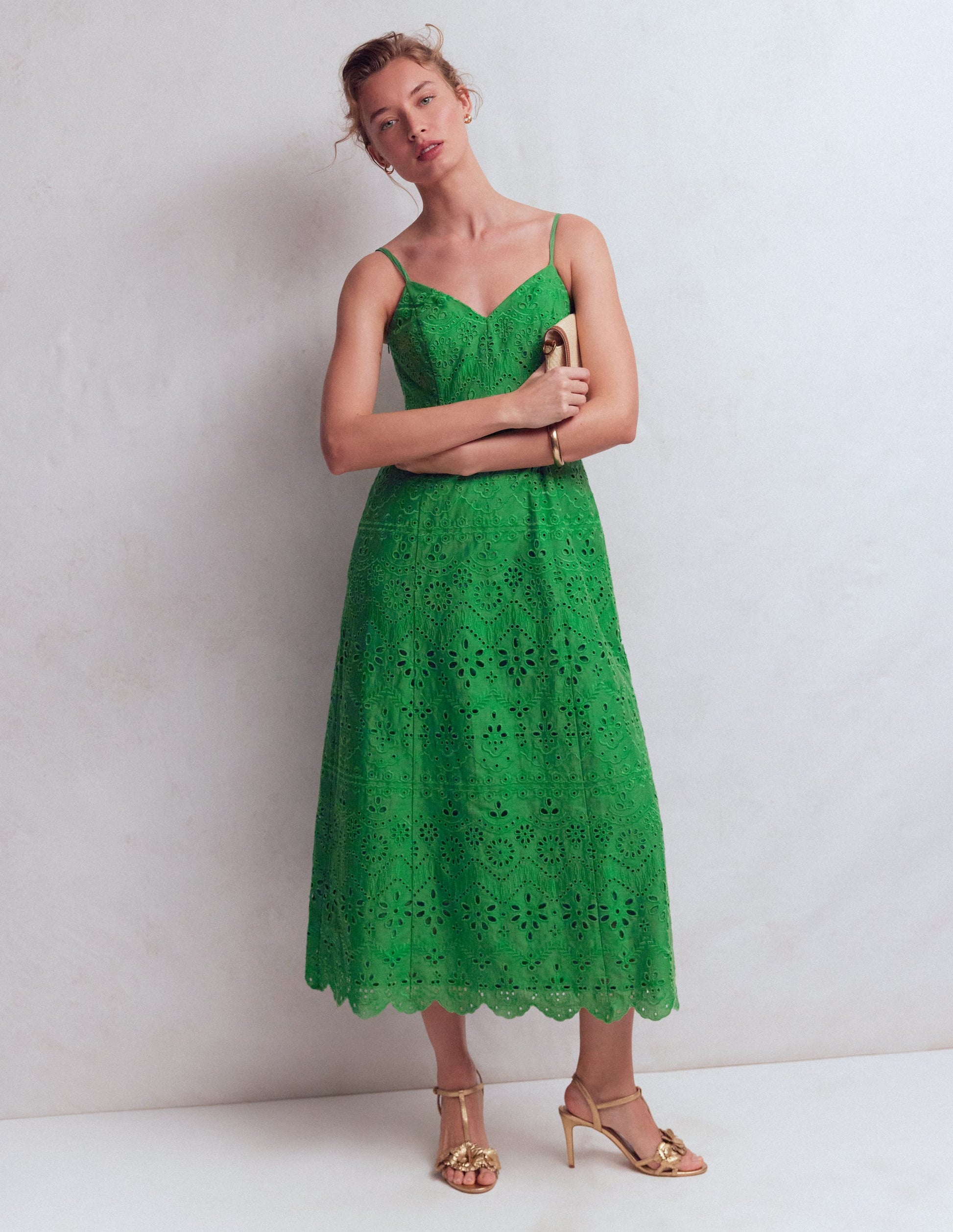 Empire Linen Broderie Dress-Rich Emerald Broderie-1