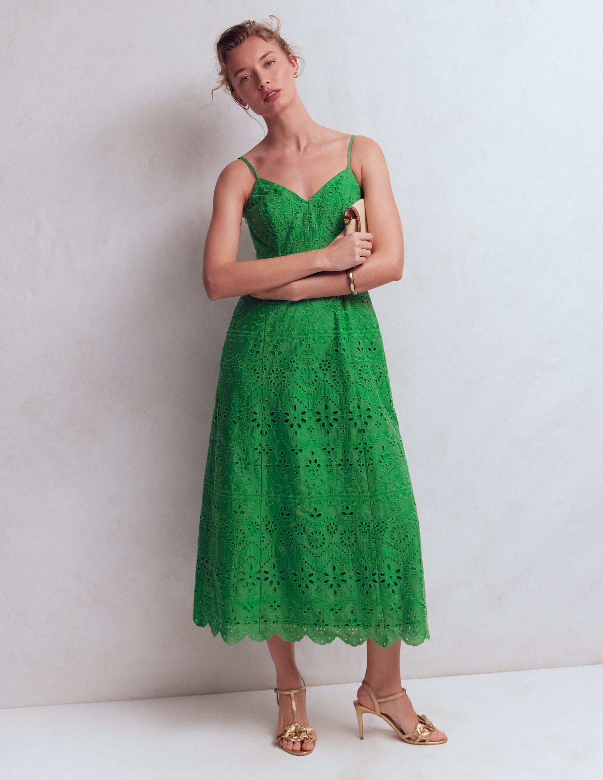 Empire Linen Broderie Dress-Rich Emerald Broderie - Image 1