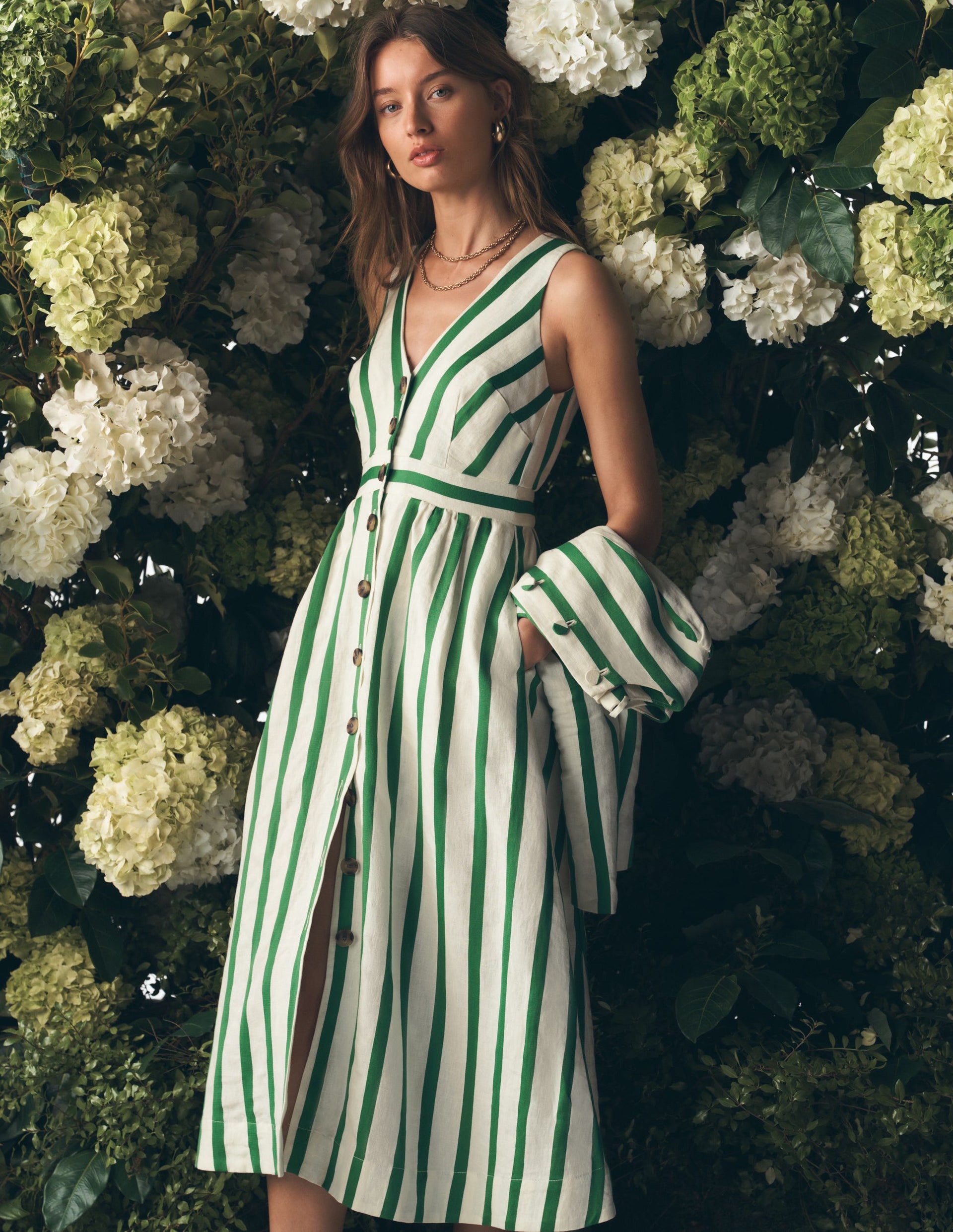 Catherine Button Linen Dress - Ivory and Green Satin Stripe
