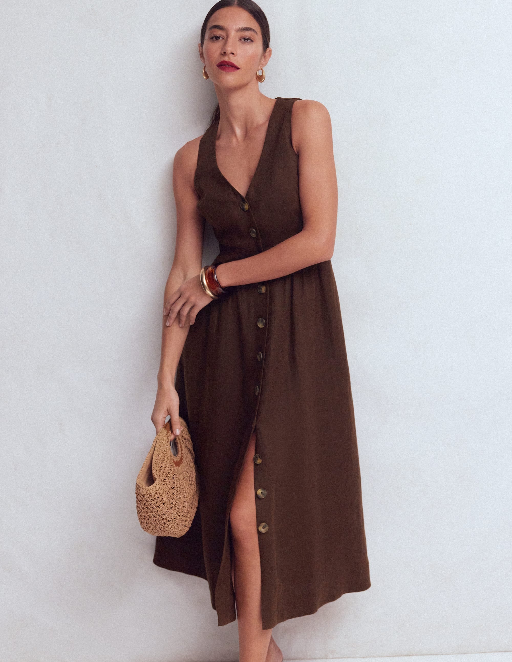 Catherine Button Linen Dress-Bitter Chocolate - Image 1