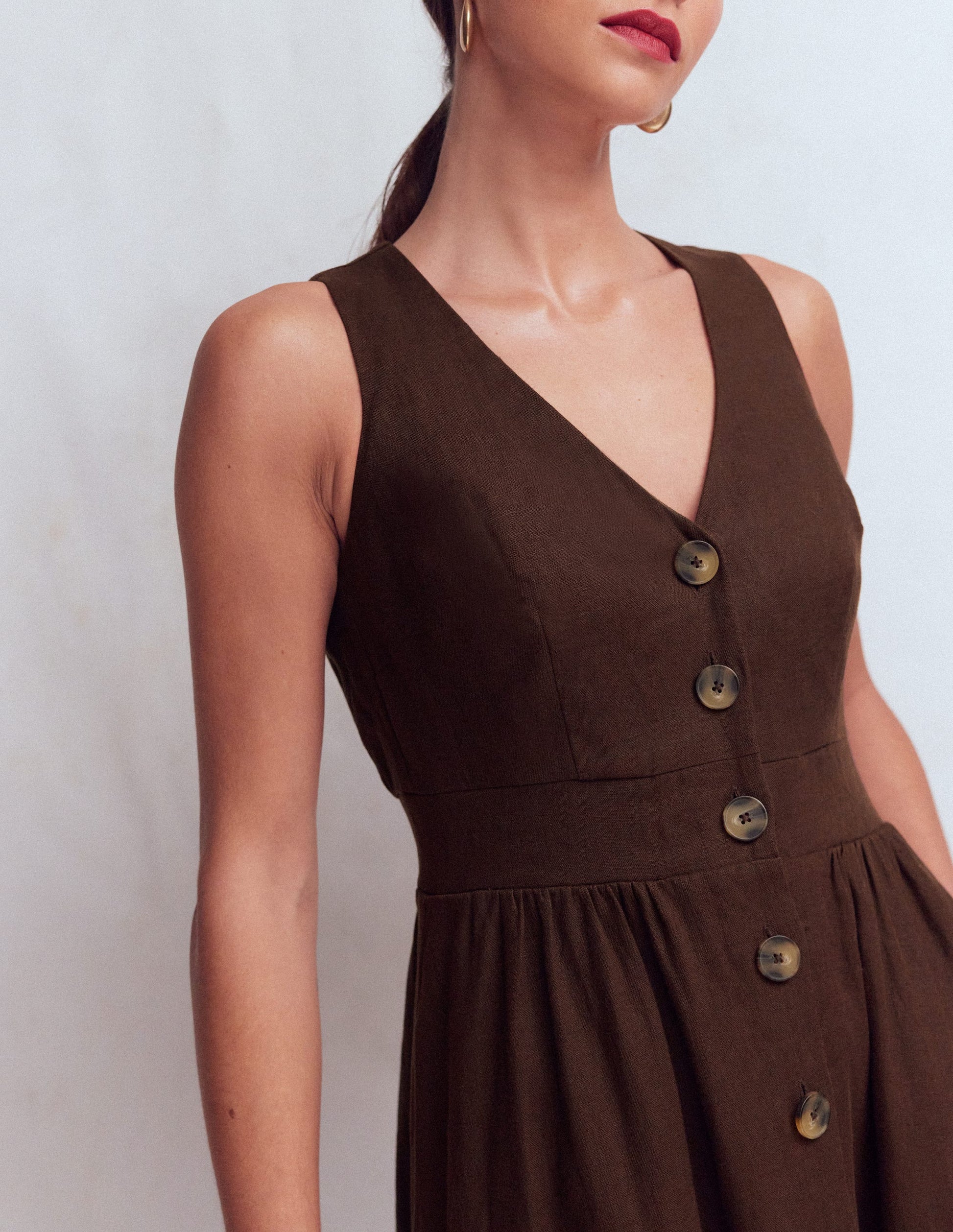 Catherine Button Linen Dress-Bitter Chocolate-3