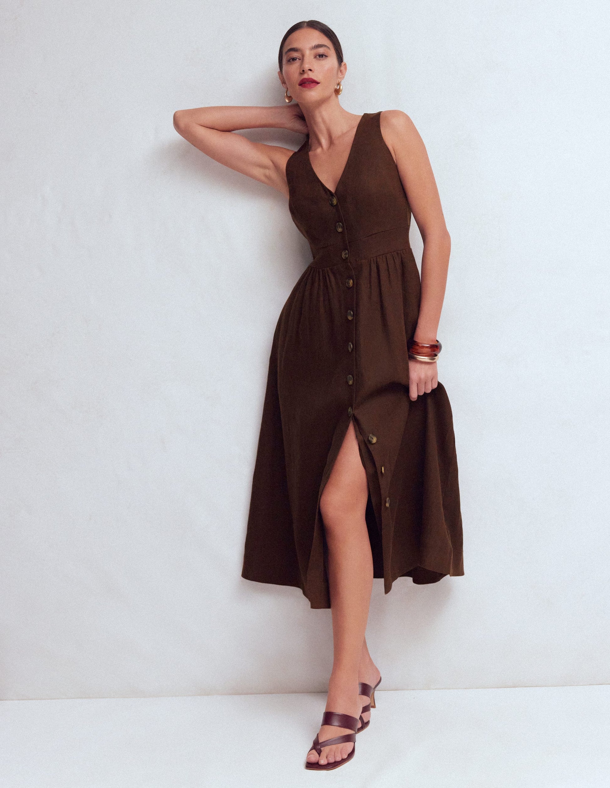 Catherine Button Linen Dress-Bitter Chocolate-5